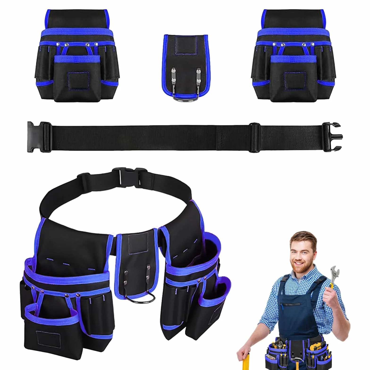 POPOPIE Cintura Porta Attrezzi,Regolabili Staccabili Cintura Elettricista,Cinturà per Attrezzi da Lavoro con 26 Tasche,per Elettricista Falegname Edilizia Manutenzione,Nero-Blu