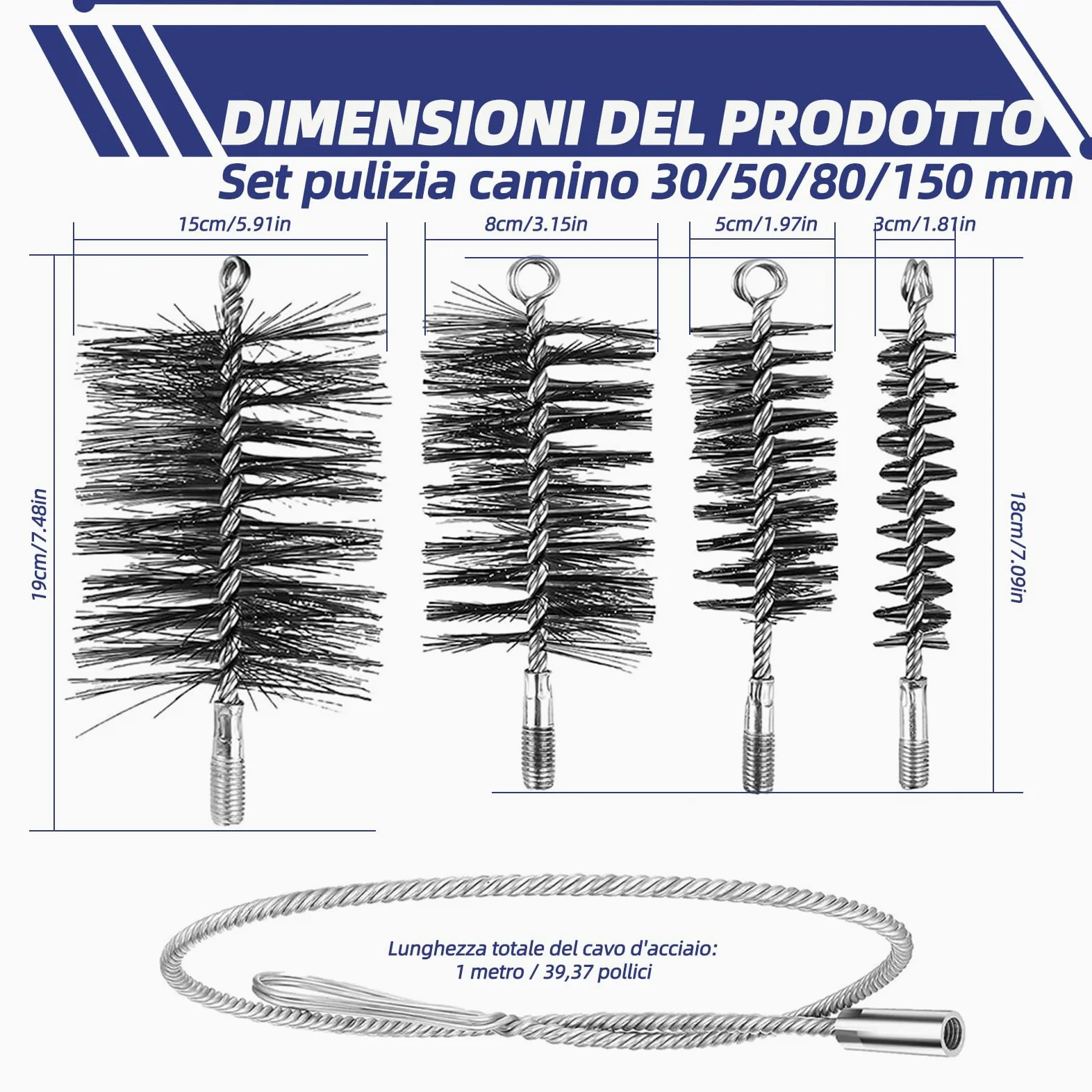 Set di spazzole per camino 4 pezzi con spazzole da 30/50/80/150 mm, incl. 1m di filo di acciaio e stanga di spinta – Spazzola per camino per la pulizia di canne fumarie, tubi per stufe e tubi di