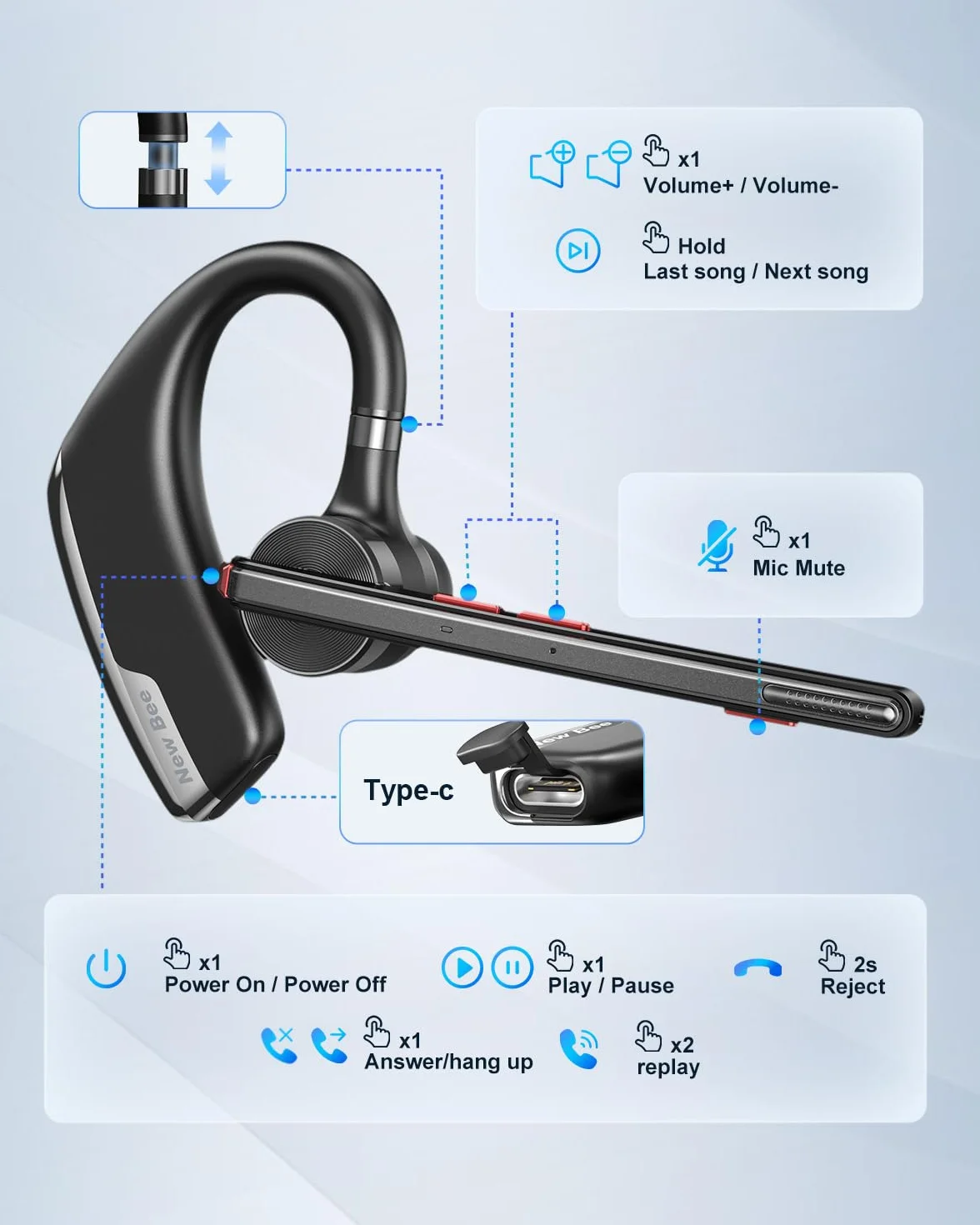 New Bee Auricolare Bluetooth Singolo V5.2 Auricolare Bluetooth con CVC8.0 e ENC Doppio Microfono con Custodia di LED Ricarica per Ufficio, Lavoro, Guida