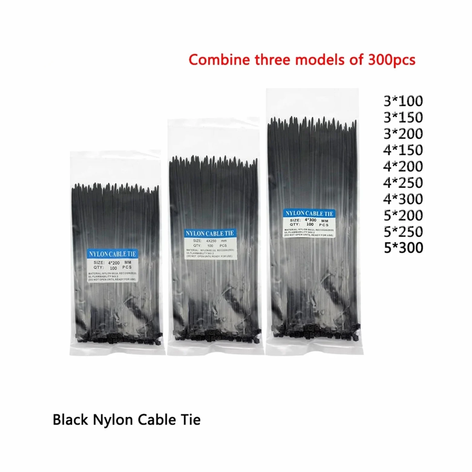 300 fascette stringicavo in nylon e plastica autobloccanti a tre modalità, nere, for fissare cavi ad anello, varie specifiche - Facile Installazione(4x300 5x250 5x300mm)