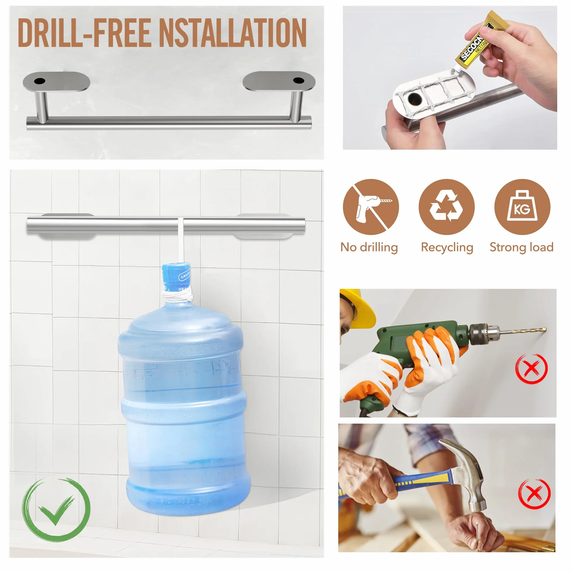 AIKER Porta Asciugamani Bagno Adesivo 10PCS Acciaio Inossidabile SUS304 Ispessito