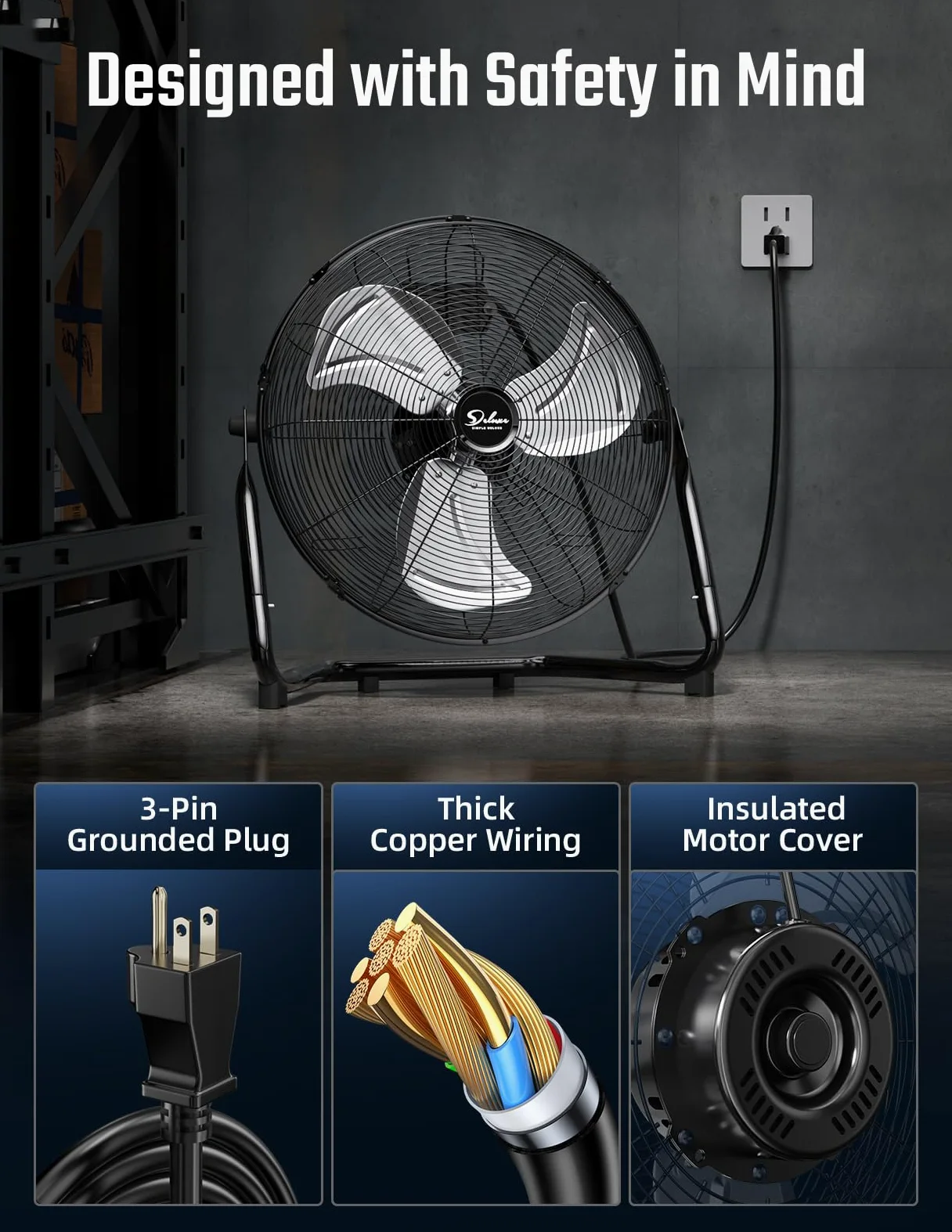 Simple Deluxe Ventilatori da pavimento industriali in metallo resistente a 3 velocità ad alta velocità, silenziosi per uso domestico, residenziale e serra, esterni/interni, neri, confezione da 2