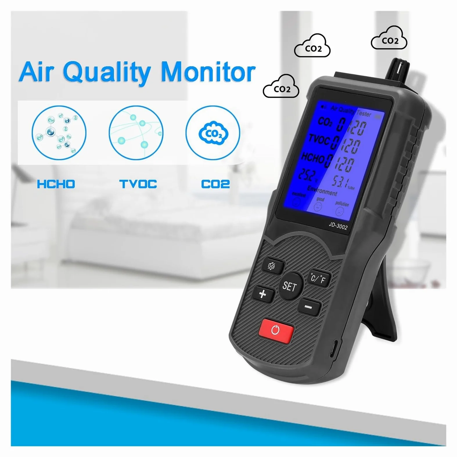 JD-3002 Tester di qualità 'aria Misuratore CO2 multifunzionale TVOC Dispositivo misurazione 'umidità della temperatura Rilevatore Per cucina e camper(Plastic box Type)