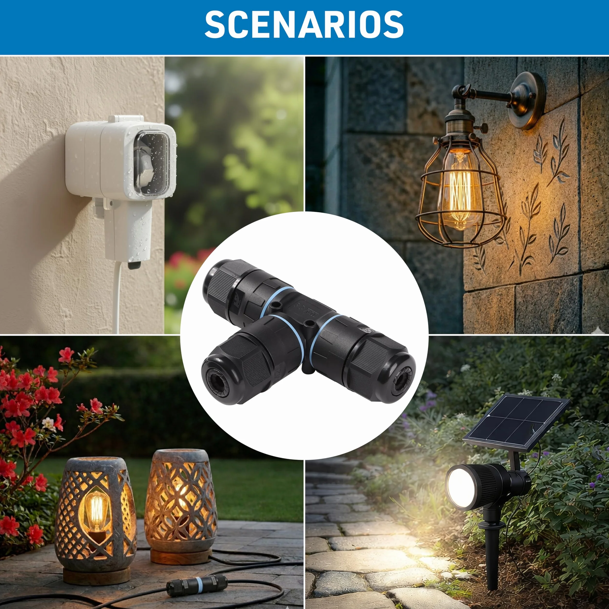 Electraline 71738 Connettore Stagno a forma di T, 5 Poli, 3 Vie, Ideale per giardini e spazi esterni, Per cavi esterni IP68