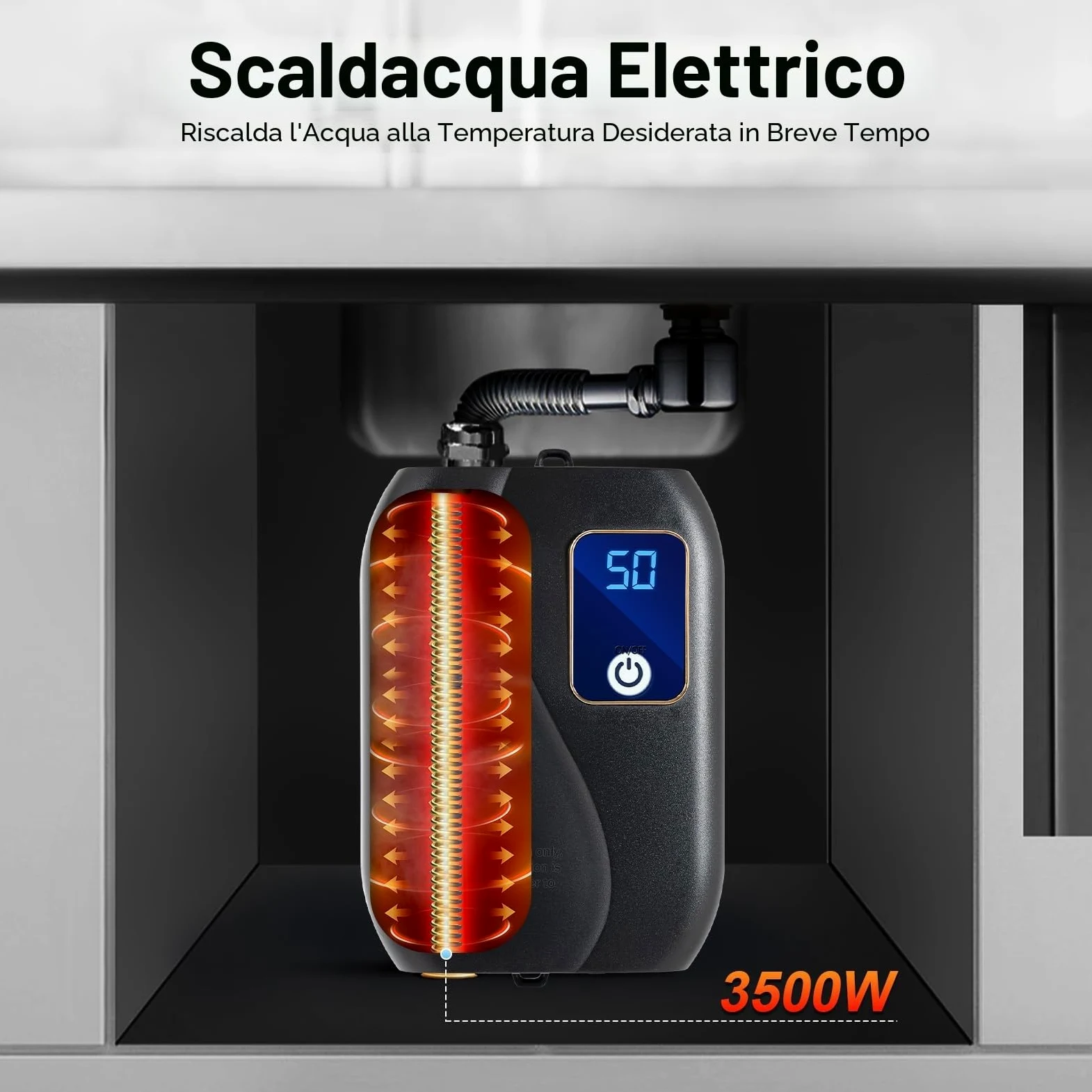Scaldacqua istantaneo sottobanco elettrico da 3500 W | Scaldacqua professionale con schermo LCD di temperatura e protezione IPX4 | Preparazione istantanea di acqua calda per cucina/bagno |