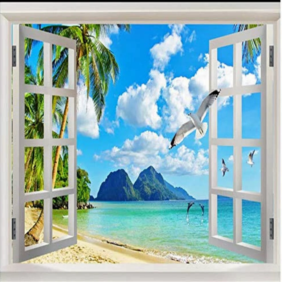 Carta da parati murale con finestra sul mare, albero di cocco per pareti Carta da parati fotomurali poster murale Soggiorno camera letto minimalista tv sfondo-250cm×170cm