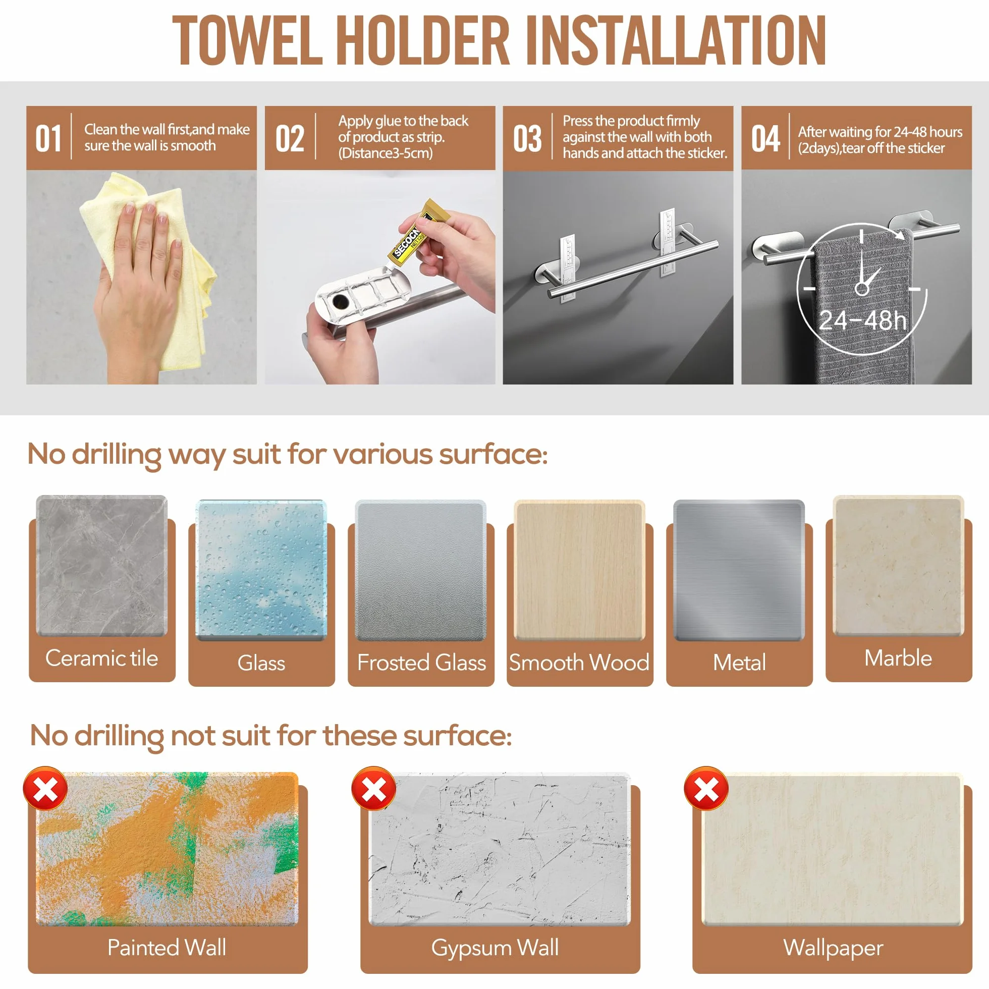 AIKER Porta Asciugamani Bagno Adesivo 10PCS Acciaio Inossidabile SUS304 Ispessito