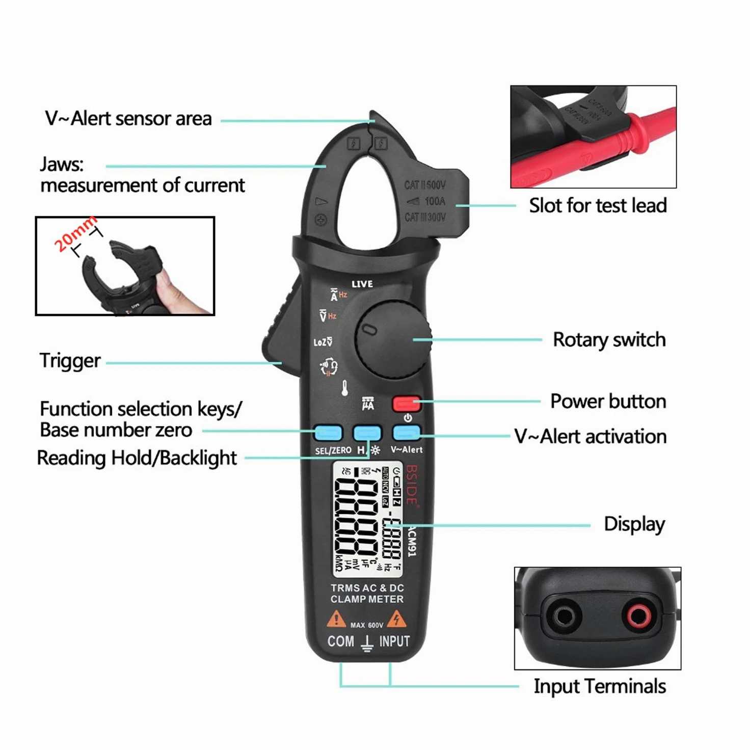 BSIDE ACM91 Pinza Amperometrica, Digitale Multimetro Range Automatico Tensione di corrente AC DC Resistenza Frequenza Capacitance Temperatura Tester NCV