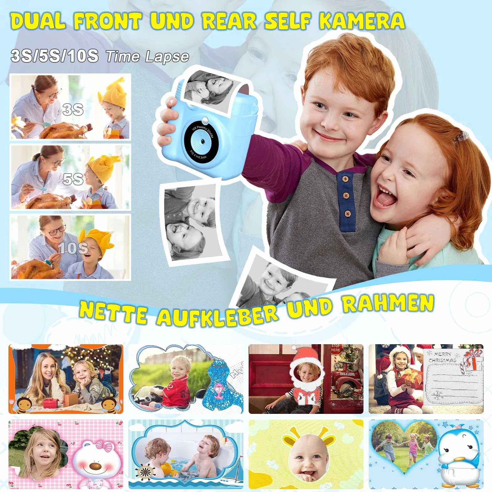 Fotocamera digitale per bambini, con stampa istantanea, 1080P, in bianco e nero, per foto (blu)..