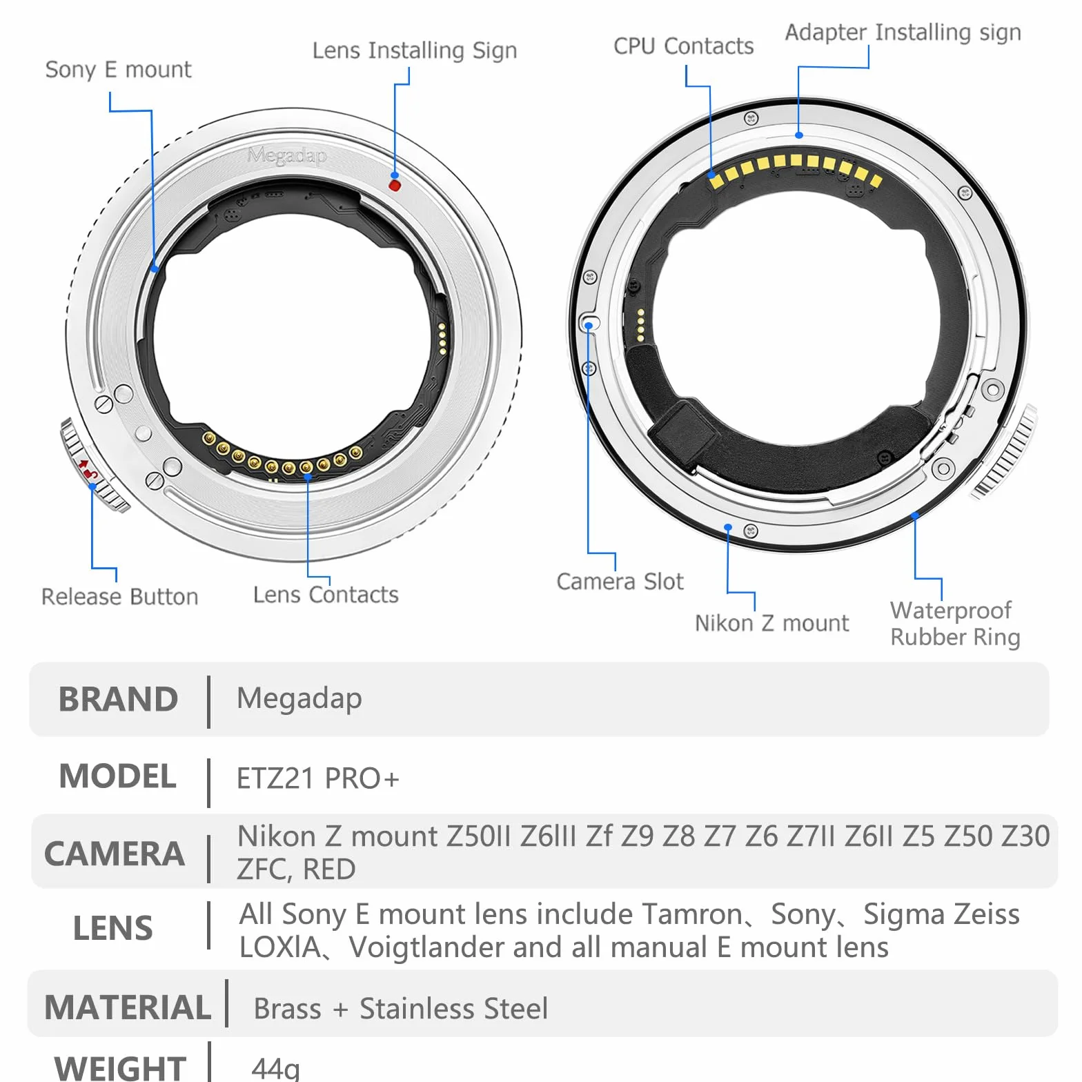 Megadap ETZ21 PRO+ - Adattatore per obiettivo con messa a fuoco automatica, apertura elettronica integrata, compatibile con fotocamera Nikon Z Zf Z9 Z8 Z7 Z6 Z7II Z6II Z5 Z50 ZFC per obiettivi Sony FE