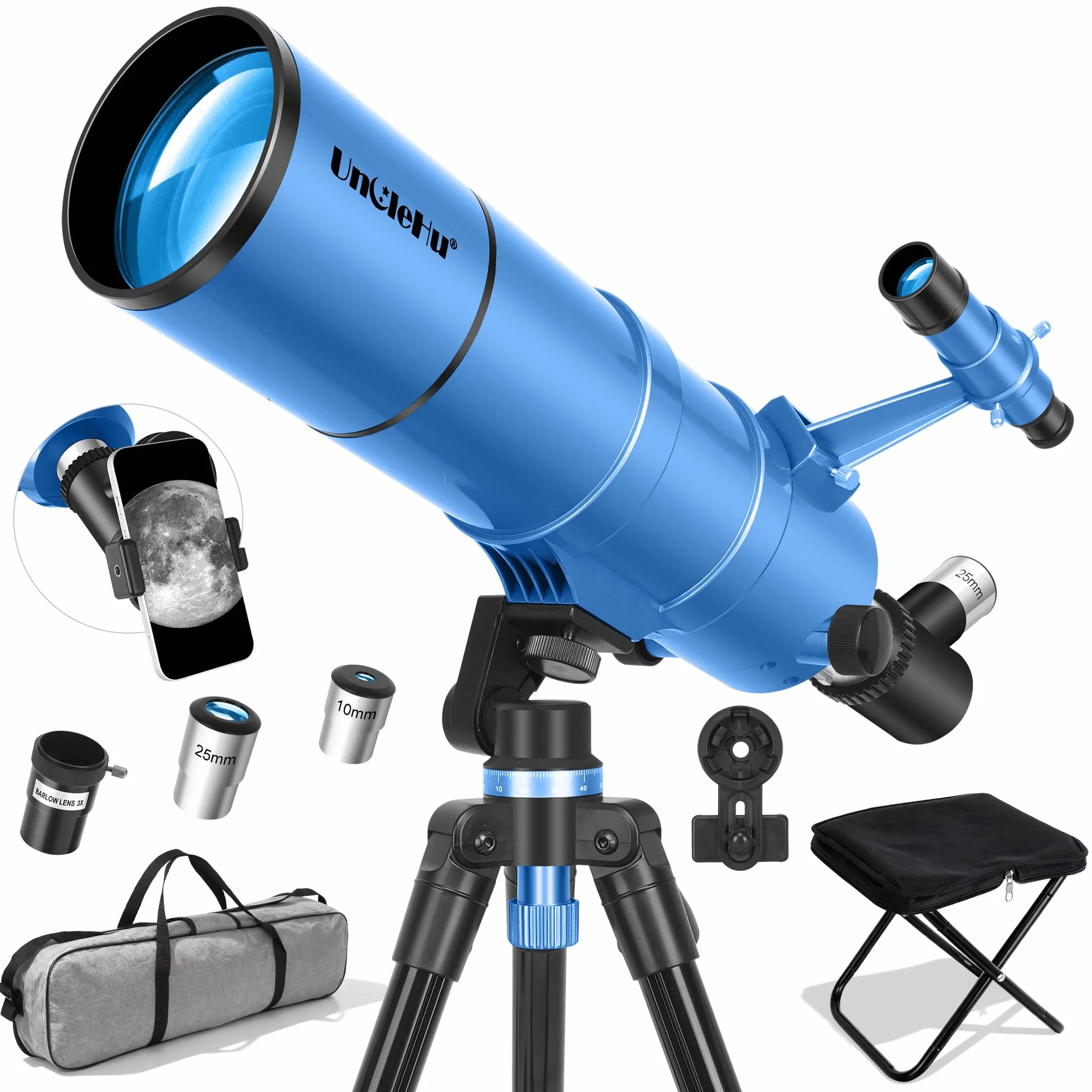 UncleHu Telescopio Astronomico Per Adulti E Bambini Principianti, 22X-165X, Telescopio Riffrattore Astronomico 90/550mm Con Sgabello Pieghevole&Treppiede&Adattatore Per Smartphone E Borsa Da Trasporto
