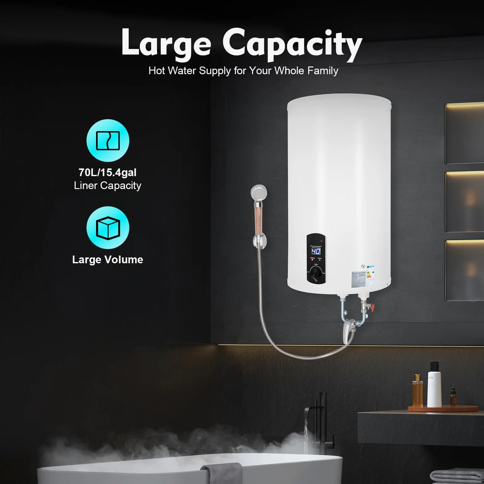 Caldaia elettrica da 2000 W, con schermo a LED orizzontale, 70 l, con protezione contro le perdite, scelta della temperatura, 41 x 75 cm, bianco