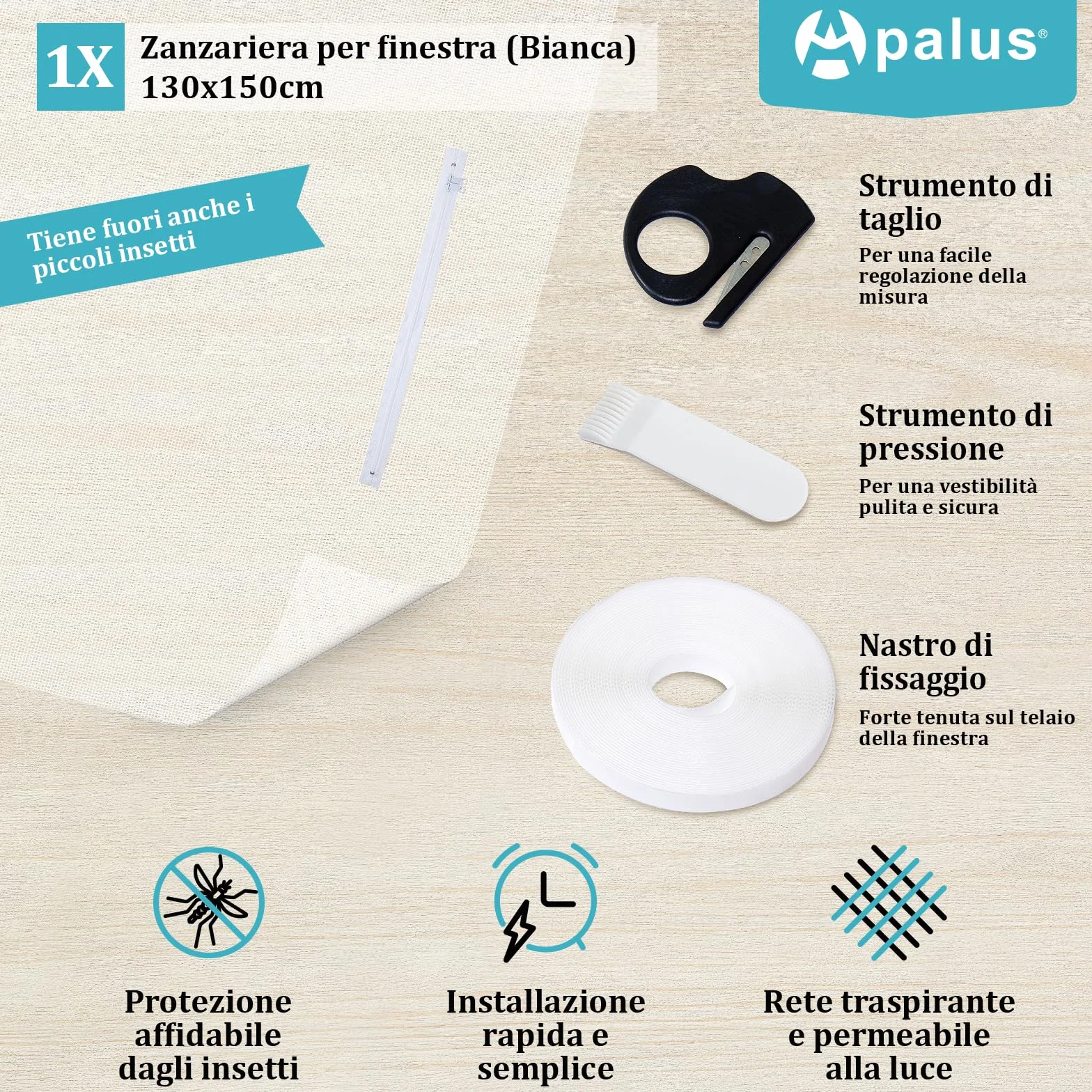 Apalus Zanzariera per Finestre 130x150Cm con Zip Bianco 1 Pezzo