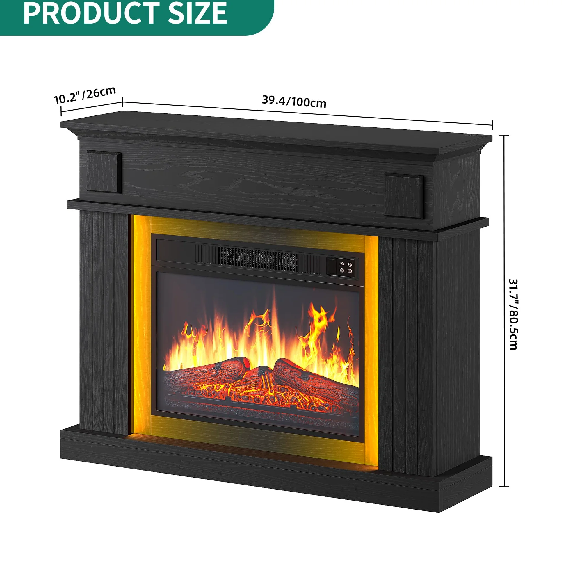 YITAHOME 39 Camino Elettrico da Terra, Effetto Fuoco 3D, Timer, Nero | Camino Finto Decorativo LED d'ambiente, Caminetto Elettrico da Terra con termostato e telecomando, 100X26X80.5CM