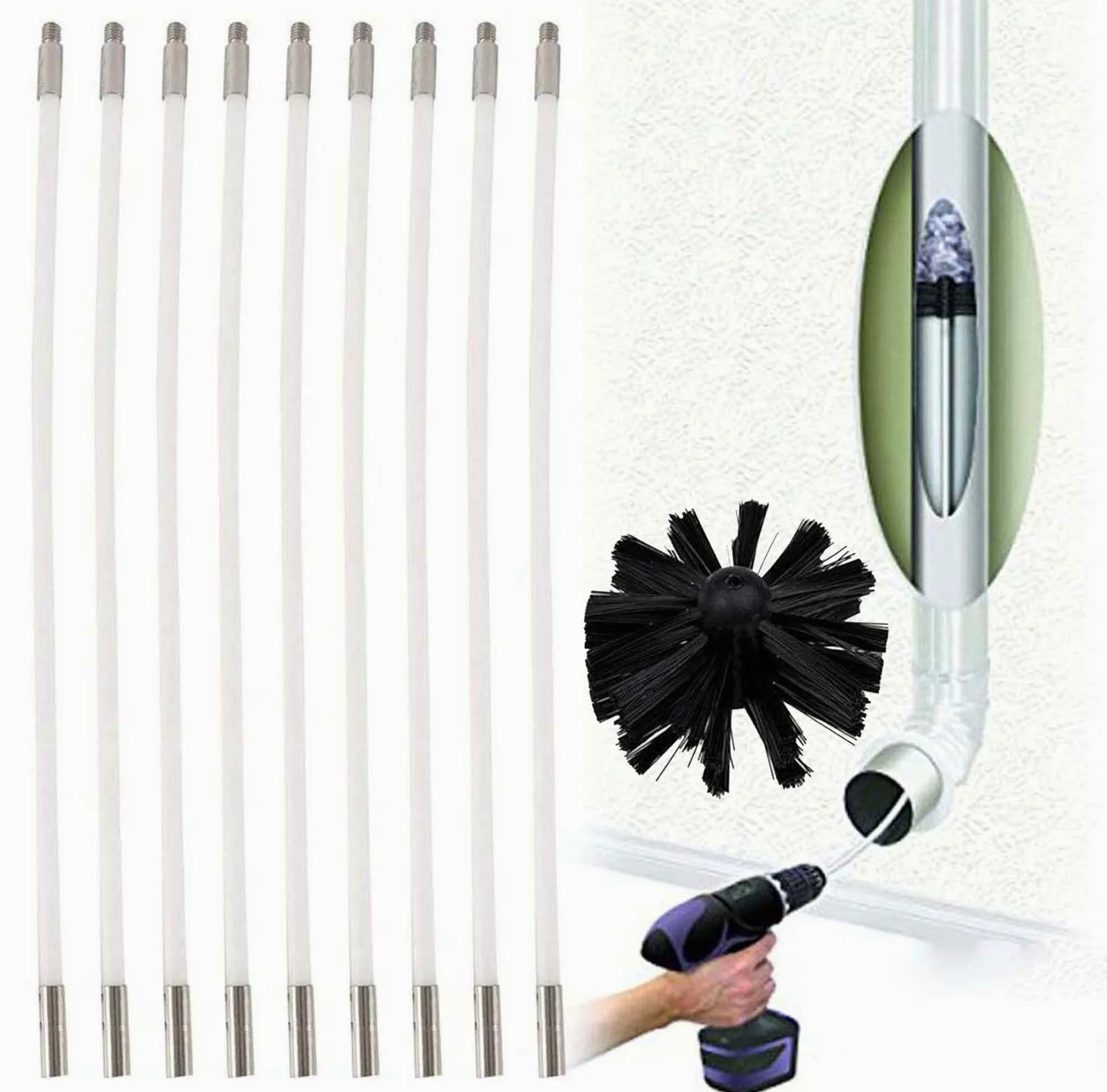 Set di spazzole per canna fumaria e canna fumaria | Scopa per camino, scopa per camino, asciugatrice, 6 aste flessibili, 1 testina (9 aste, 610 mm)