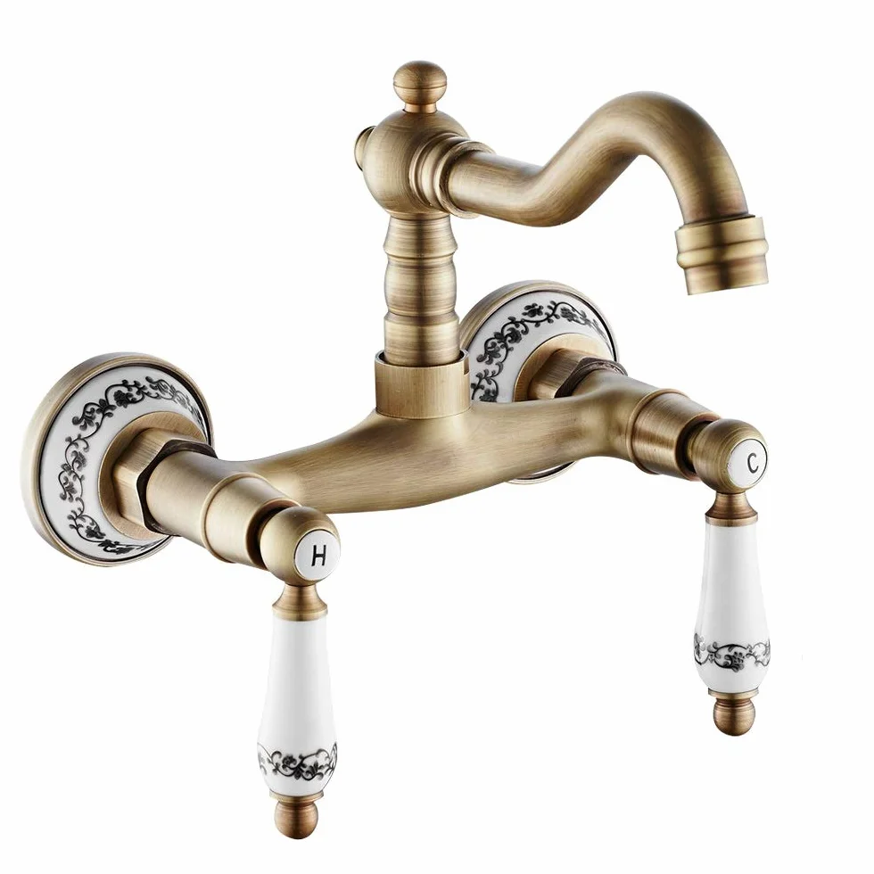 Rubinetto Bronzo a Muro in Ottone con Doppio Manopole in Ceramica Rotazione 360 ° Rubinetto per Cucina a Parete Vintage Supporto Caldo e Freddo Raffinato