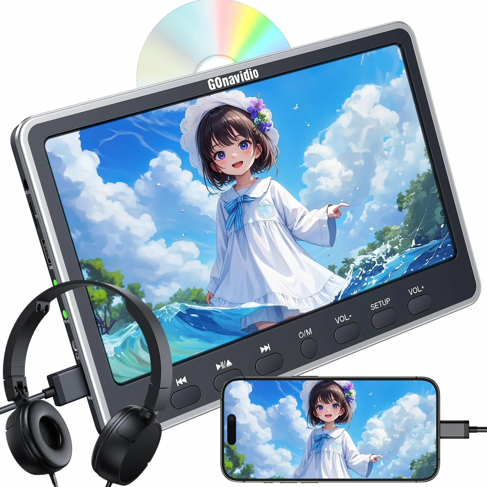 GOnavidio 12'' Lettore DVD per Poggiatesta da con Ingresso HDMI, Lettore DVD per Auto con Supporto per Cuffie Gratuito Scheda USB/SD, Regione Libera (Nessuna Batteria)