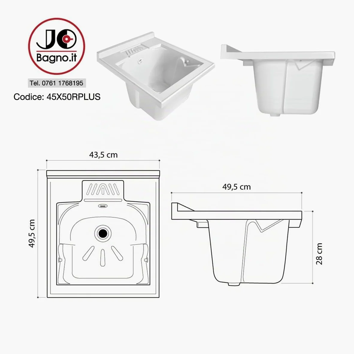 Lavatoio Lavapanni in Resina PP, Bianco, 45x50 Ideale per Ricambio o Installazione su Mobile o Piano da appoggio in Lavanderia o Cucina Incluso di Kit Sifoneria