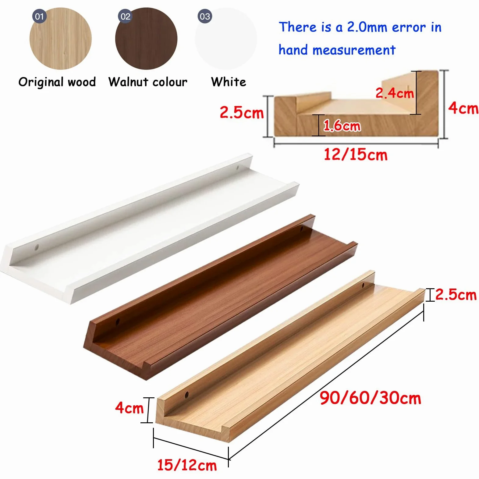30 * 12cm Scaffale Montato A Parete, Mensola In Legno Massiccio, Scaffale Di Stoccaggio, Scaffale Di Esposizione, Forte Cuscinetto, Risparmio Di Spazio(White,60 * 12cm)