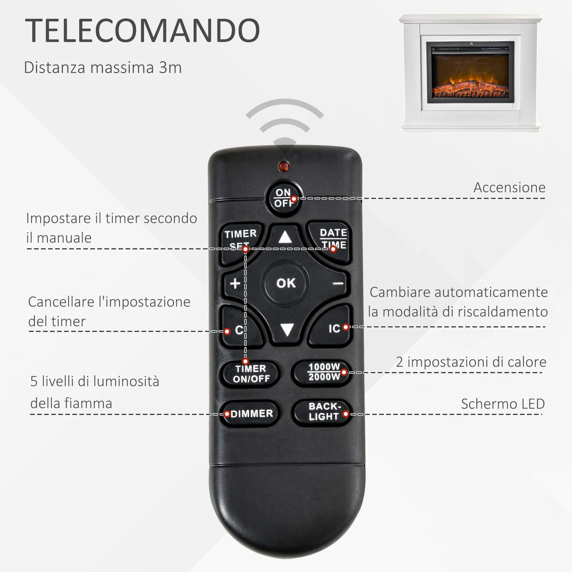 HOMCOM Camino Elettrico Effetto Fiamma Realistico 98x27.5x80cm Bianco | Cornice in Legno, Caminetto Elettrico, Termostato, Protezione da Surriscaldamento, Timer e Telecomando, 1000W e 2000W