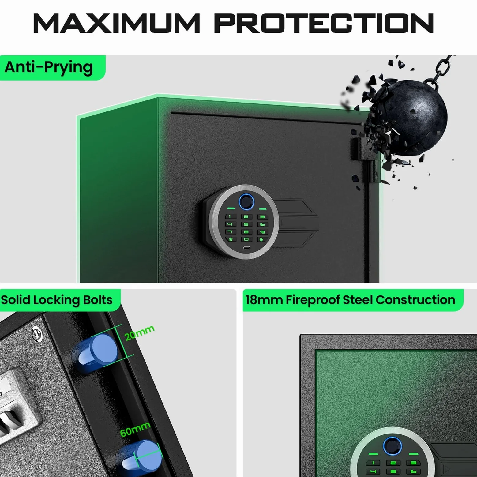 Cassetta di Sicurezza per Soldi Piccola Cassaforte Ignifuga In Acciaio con Combinazione Elettronica e Impronta Digitale Doppio Sistemas di Allarme Safe per La Casa, L'hotel e L'ufficio