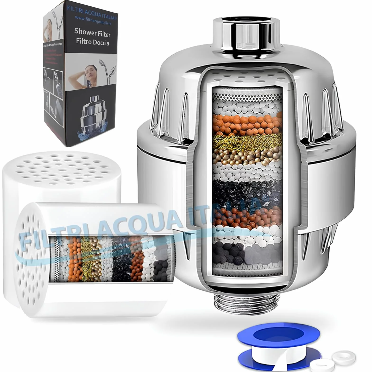 Filtro Anticalcare Doccia con Due Cartucce Di Ricambio, Filtro Acqua Doccia Universale per Acqua Dura, Rimuove Odori, Cloro e Calcare - Filtriacquaitalia