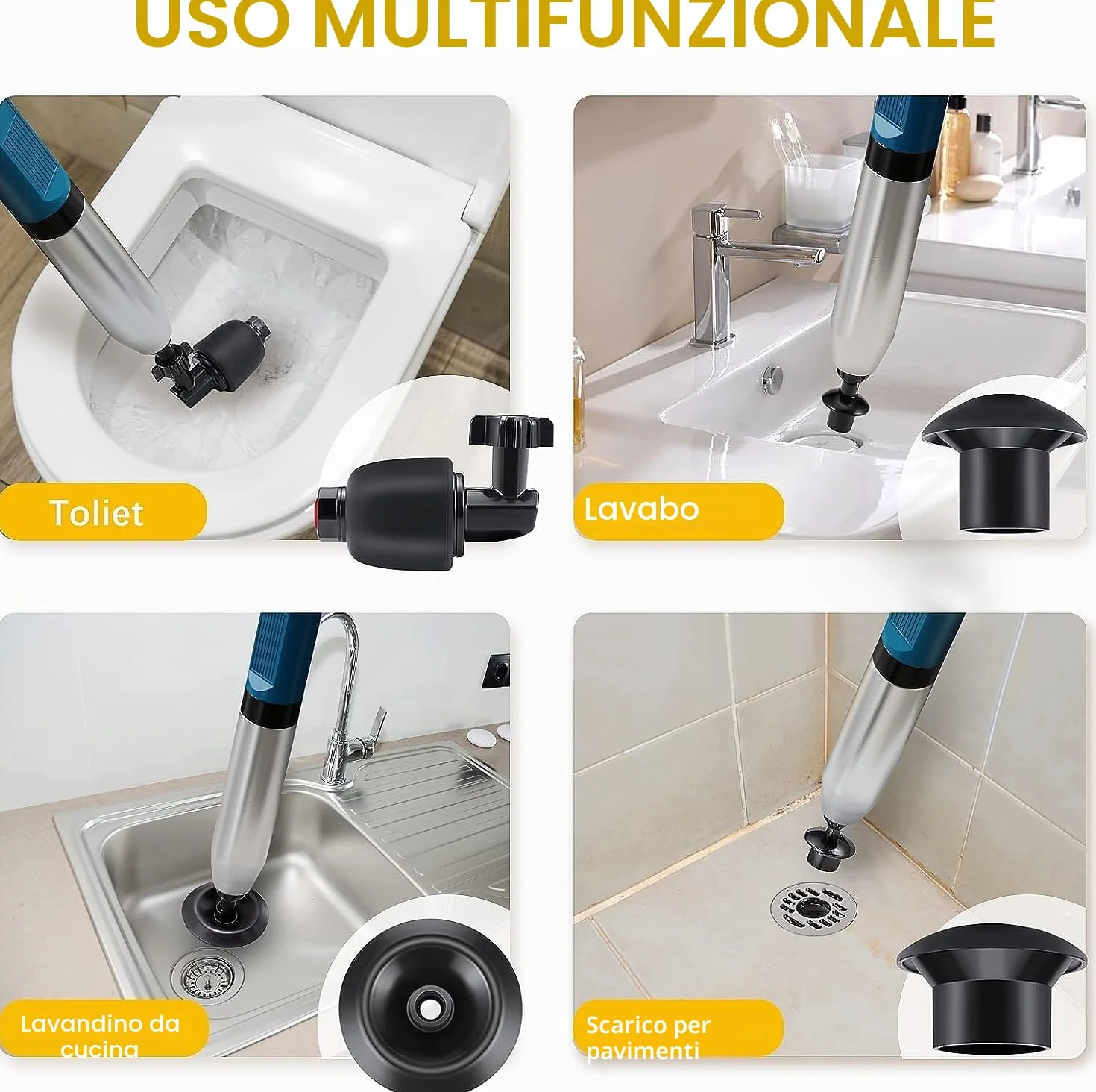 Pompa Stura WC A Pressione Stantuffo per WC Sblocco Lavandino Cucina Bagno Bidet (Blu)