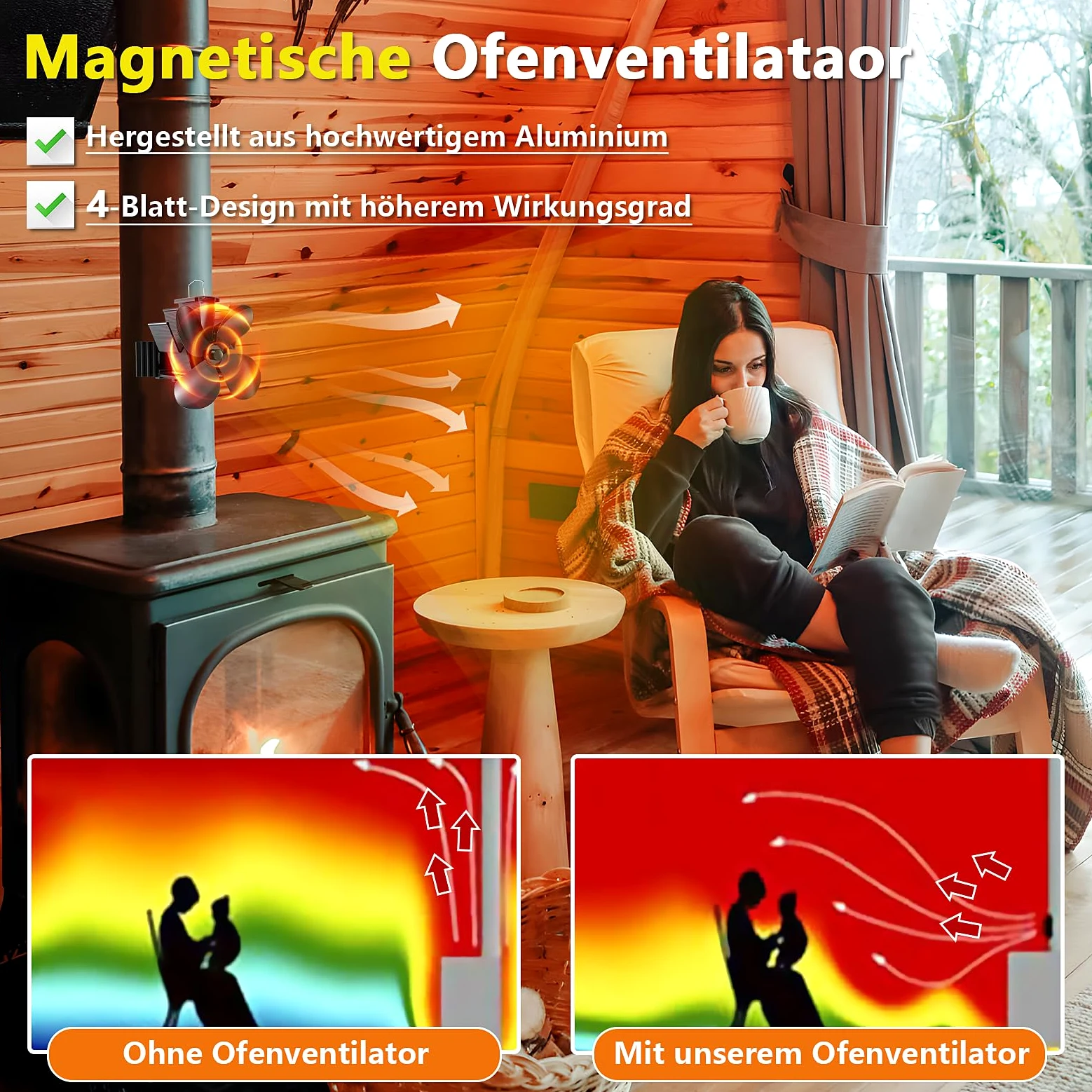 Hanaoyo Ventilatore per camino, magnetico, migliorato senza corrente, silenzioso, ventilatore per legna da ardere, focolare e stufa, ventilatore per canna fumaria con 2 anelli di ricambio