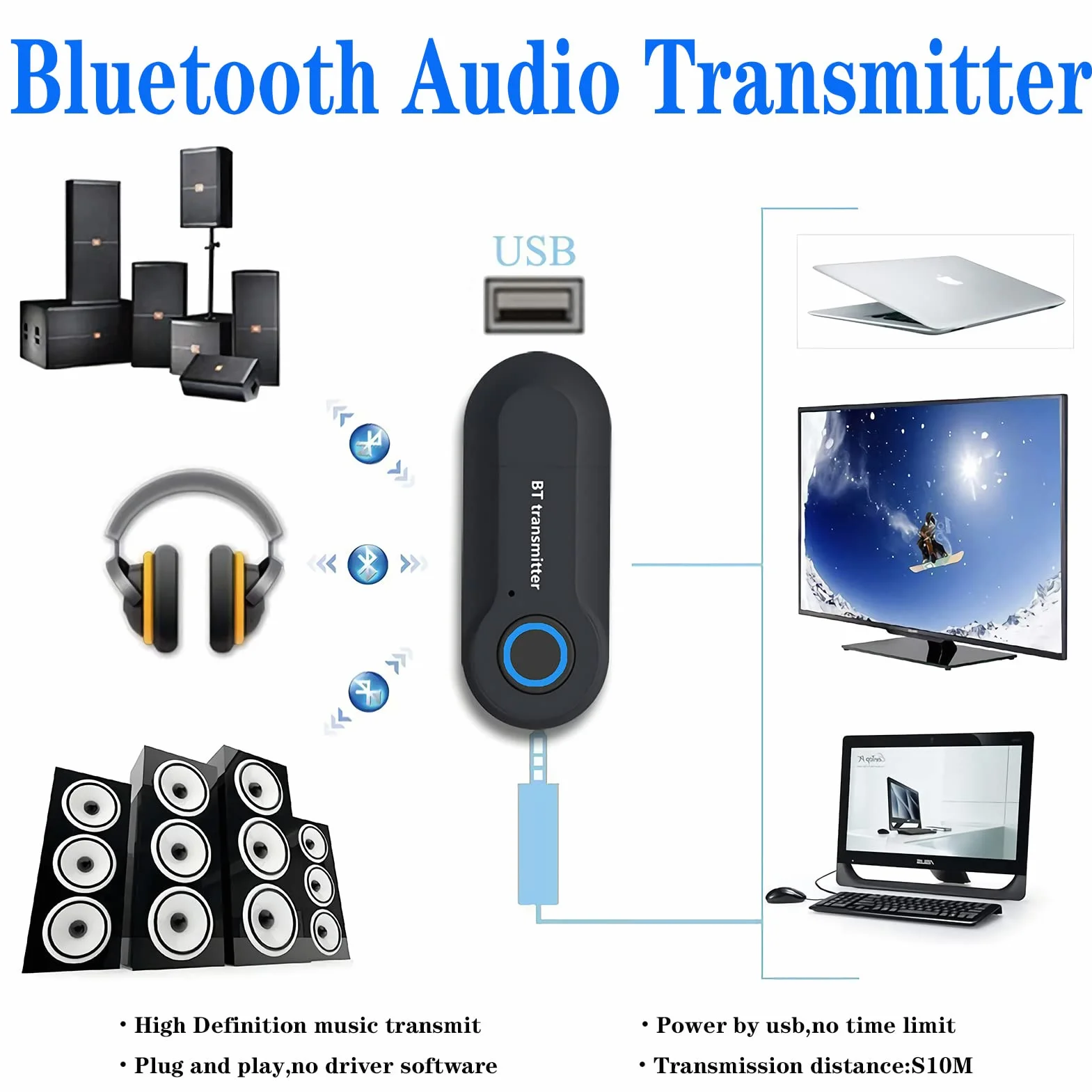 Trasmettitore Bluetooth 5.0, Adattatore Portatile A Bassa Latenza, Audio Stereo Wireless Da 3,5 Mm Per Tv, Cuffie, Mp3, Mp4
