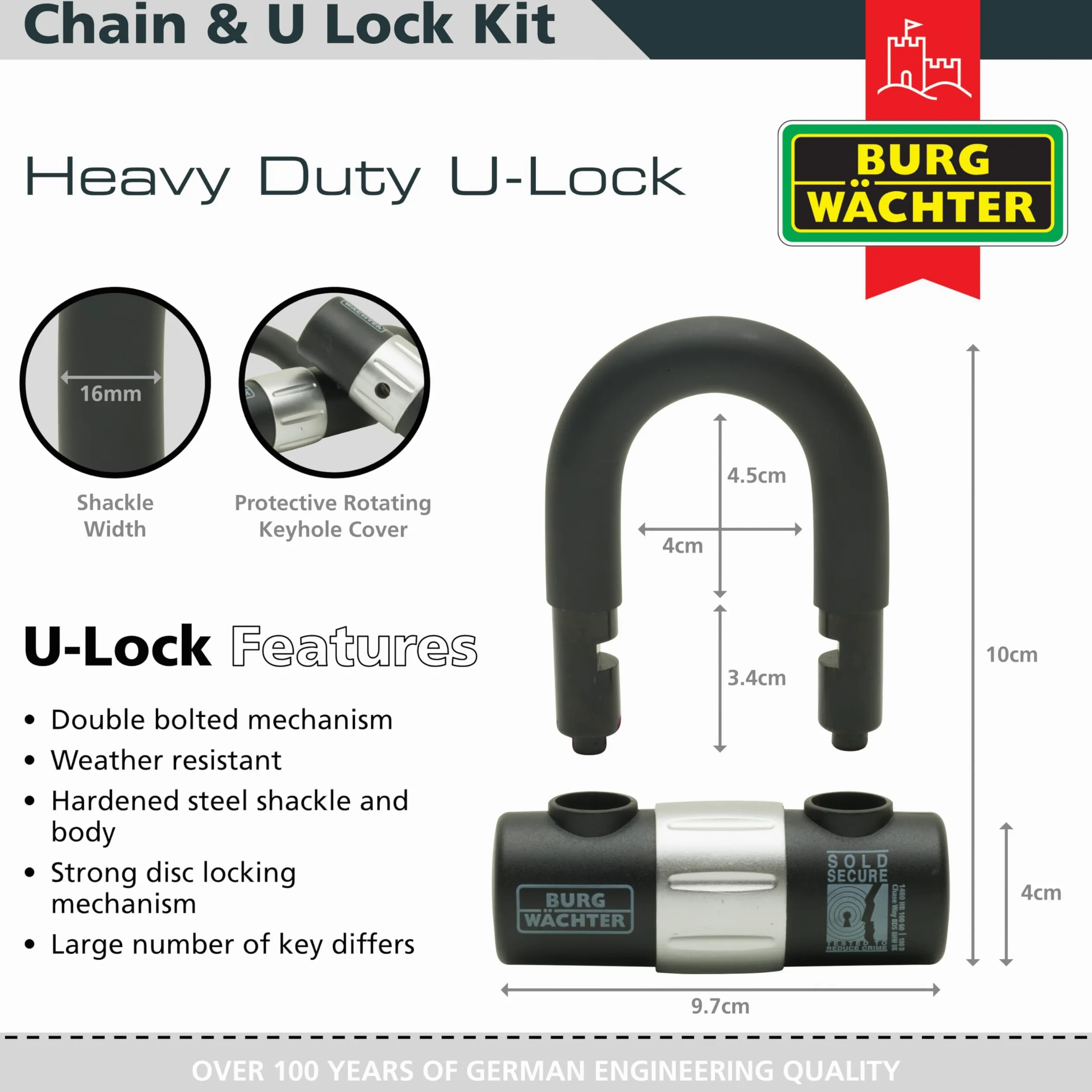 Burg Wachter Sold Secure Diamond & Gold 12 mm con chiave uguale catena e ancoraggio a terra, confezione doppia, nero, 1 m