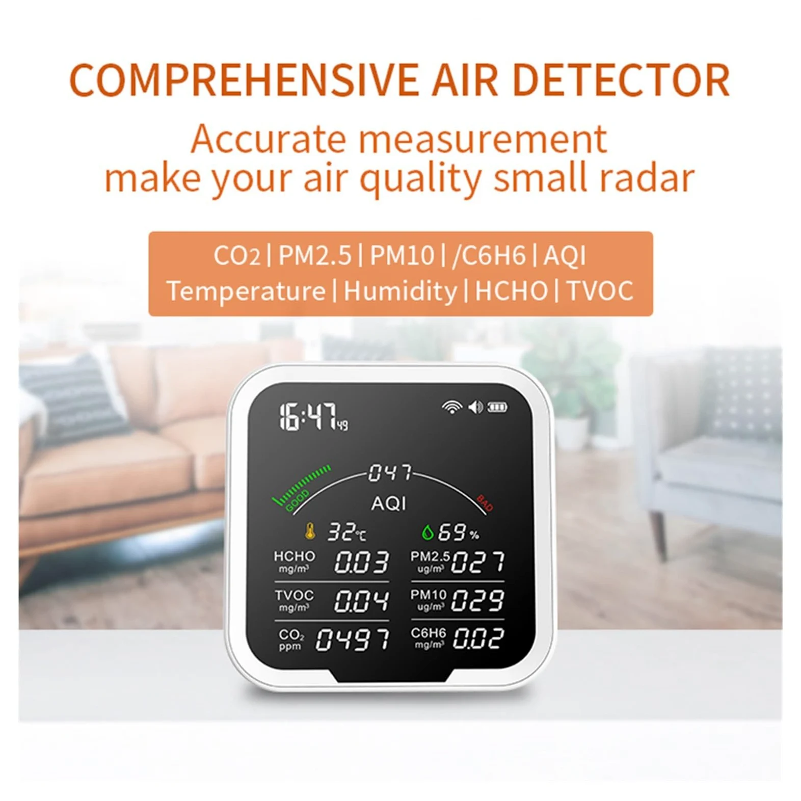 Misuratore di qualità 'aria portatile HCHO/TVOC/CO2/PM2.5/PM10/AQI/C6H6 Tester umidità a temperatura Rilevatore anidride carbonica con schermo da 4.8 pollici,Alta Precisione