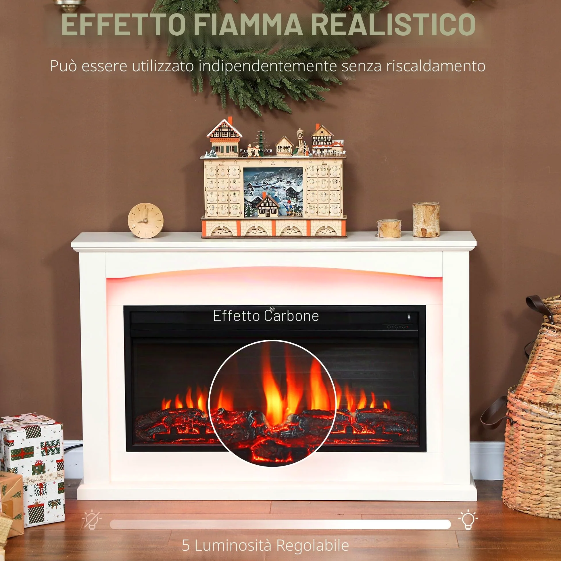 HOMCOM Caminetto elettrico 1000W/2000W, effetto fiamma con 5 luminosità regolabili, finto caminetto decorativo con mantello, termostato regolabile, telecomando, timer, fino a 30 m², bianco