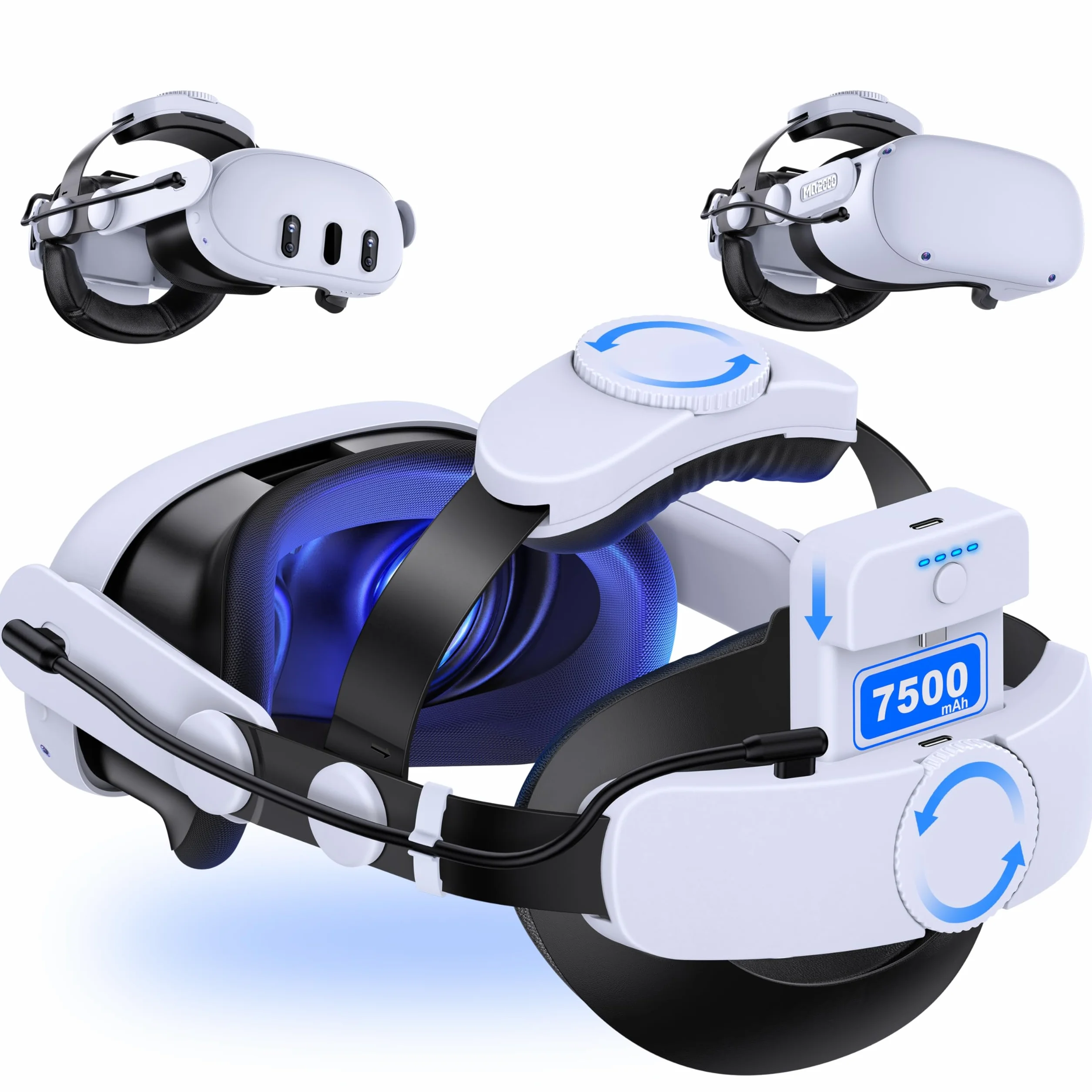 MQ Series Head Strap con batteria da 7500 mAh, cinturino regolabile VR Elite per Meta Quest 3S/Quest 3/Quest 2 con due pulsanti - Prolunga il tempo di riproduzione per gli accessori Oculus