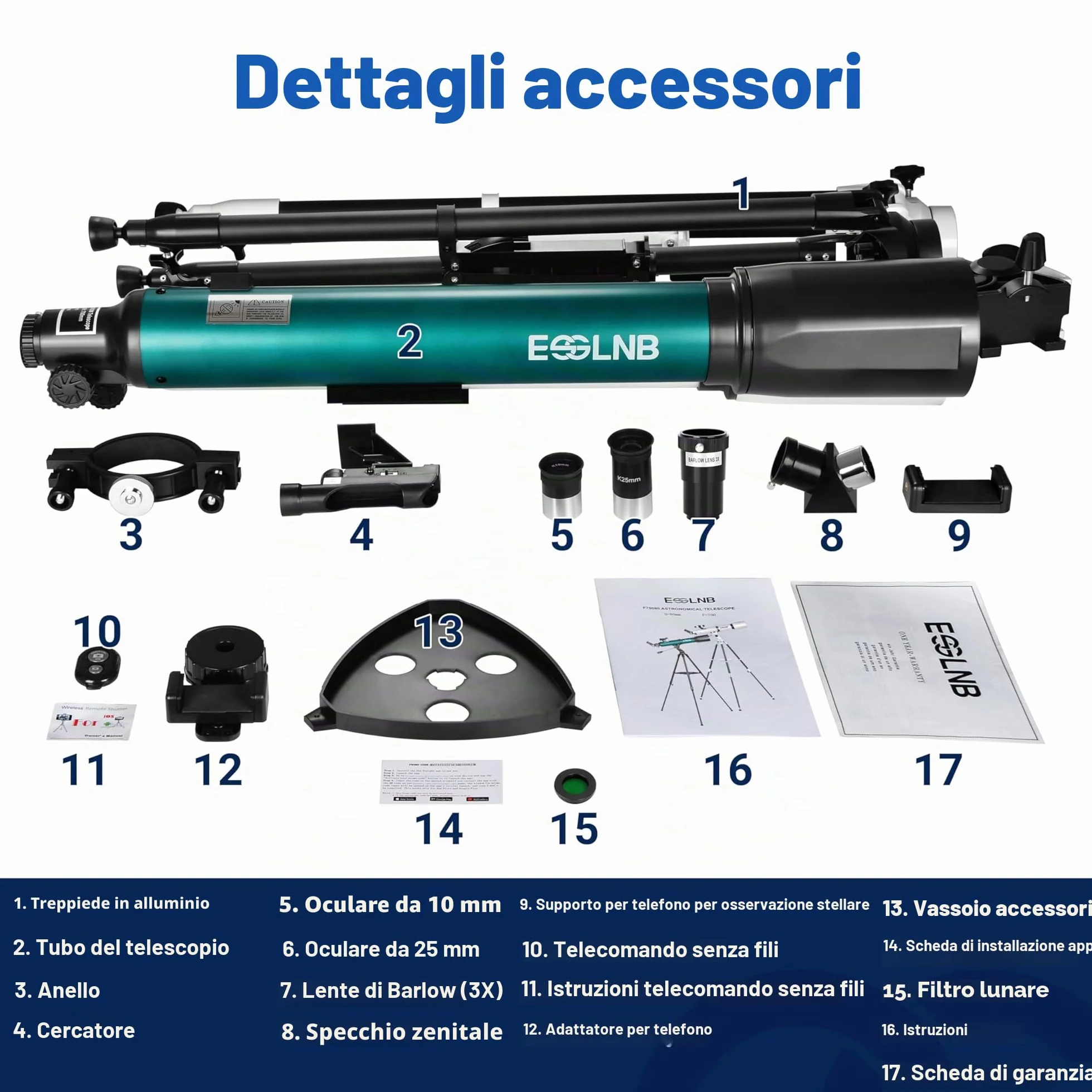 ESSLNB Telescopio 70080 Telescopio per Astronomia per Adulti con APP Stargazing Adattatore per Smartphone, Treppiede Regolabile, Mirino elettronico e Telecomando Wireless (Verde)