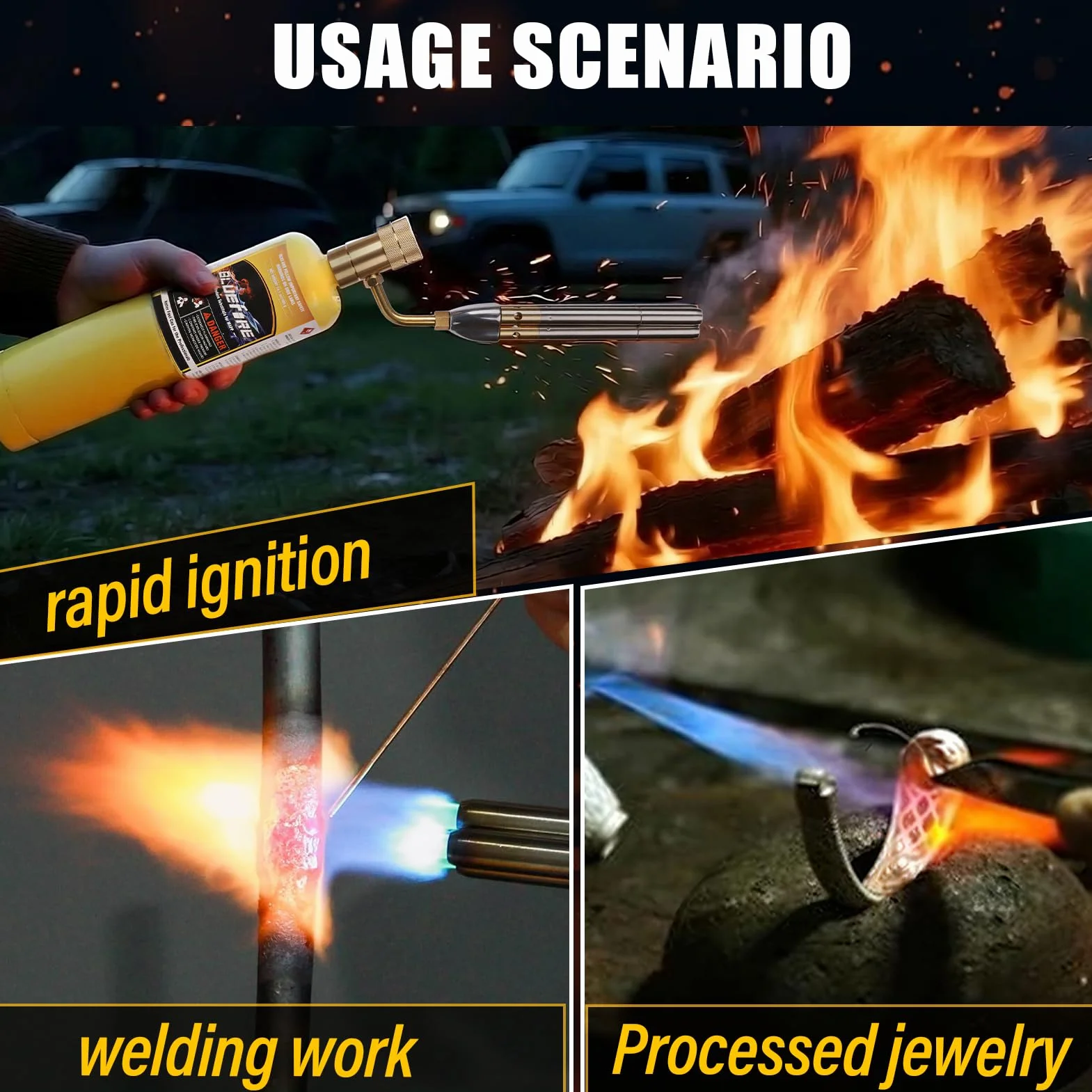 BLUEfire Torcia Turbo a getto a tripla fiamma Trigger Start Cucina Ricerca Saldatura a gas Carburante MAPP MAP Pro Propano Base stabilizzatrice libera