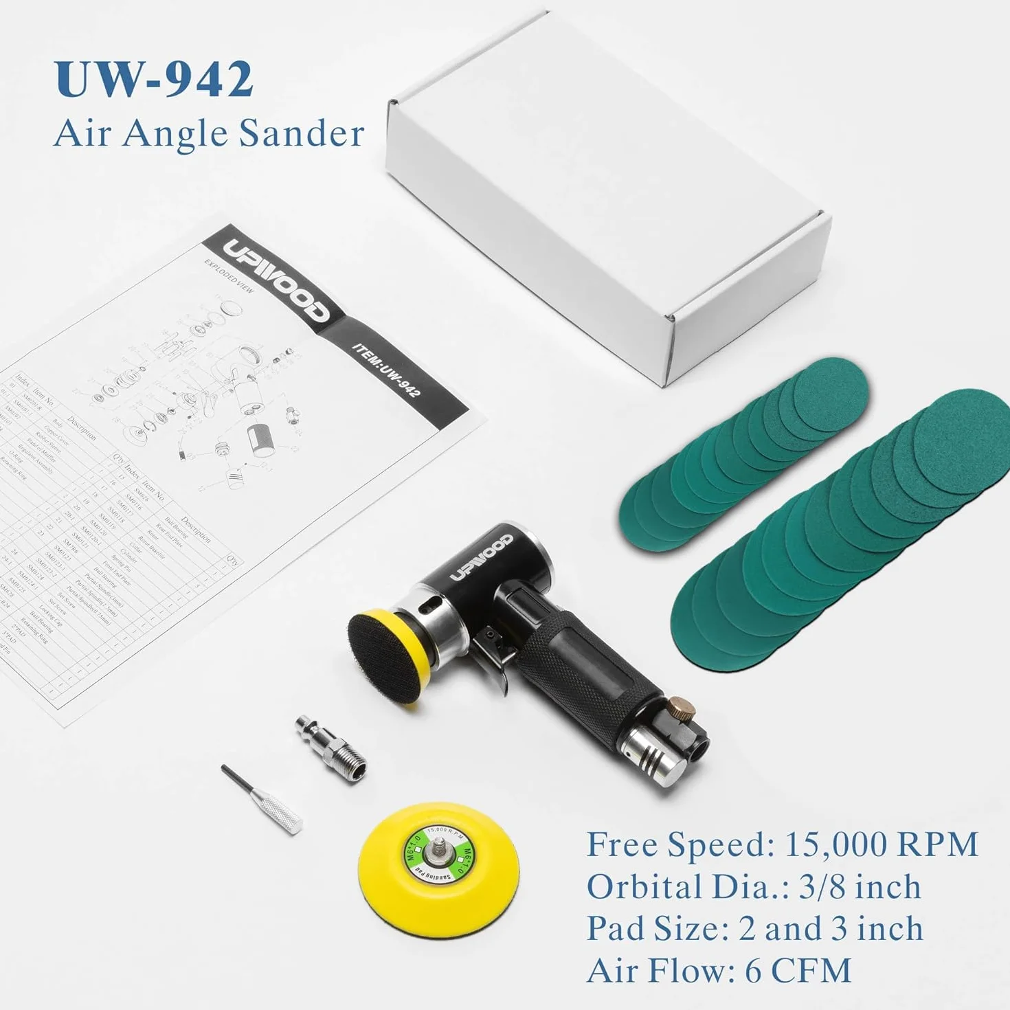 Mini levigatrice ad aria compressa con tamponi da 2 pollici e 3 pollici, mini levigatrice pneumatica da 25 mm/50 mm per la pulizia della vernice di carrozzeria con 24 pezzi di carta abrasiva