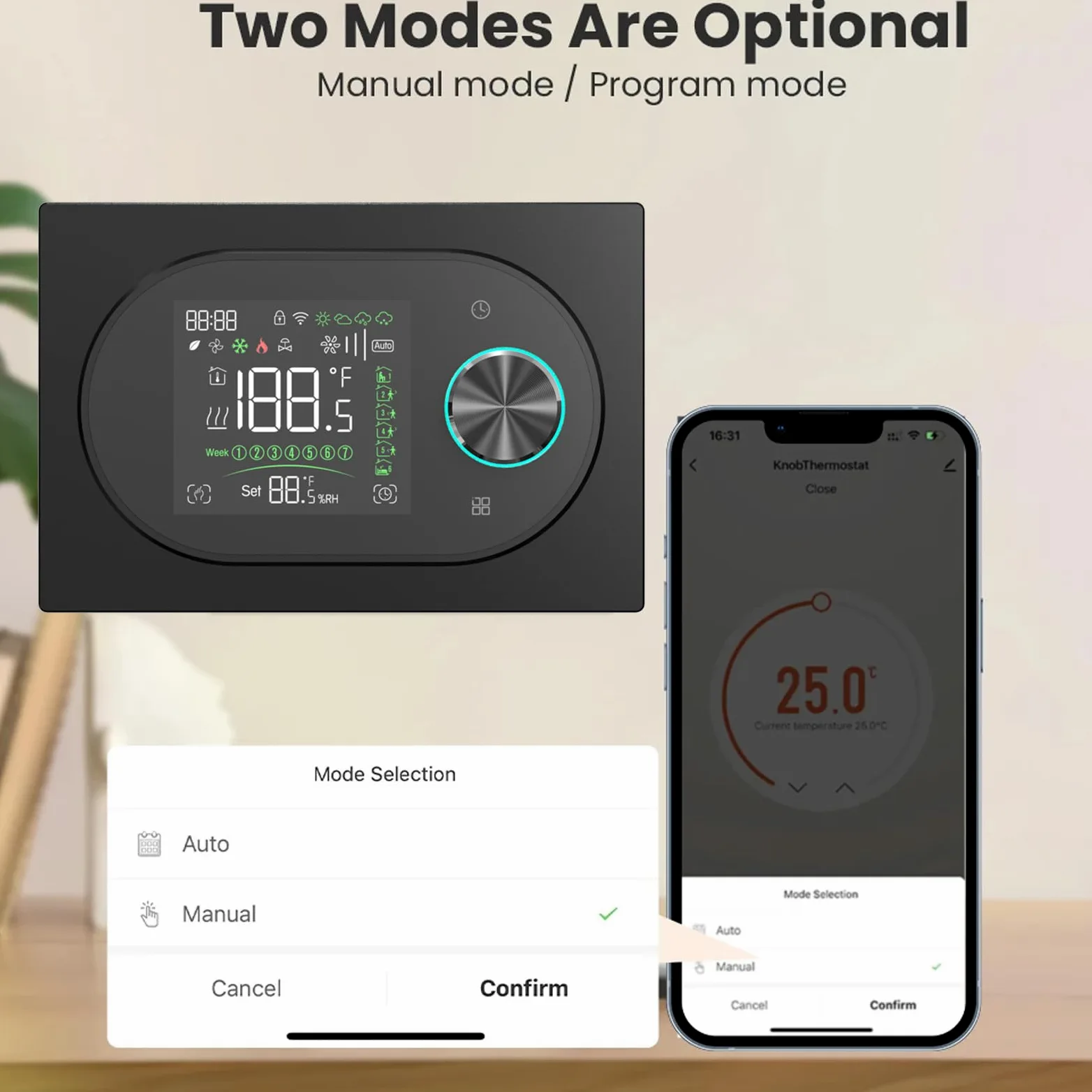BECA BHT-9000GBLW Termostato Smart WiFi per Riscaldamento Elettrico, 16A, Manopola LED, Programmazione 5+1+1 (6 periodi), Tuya Smart/Smart Life, Alexa/Google, – Expert4House Edition (Nero)