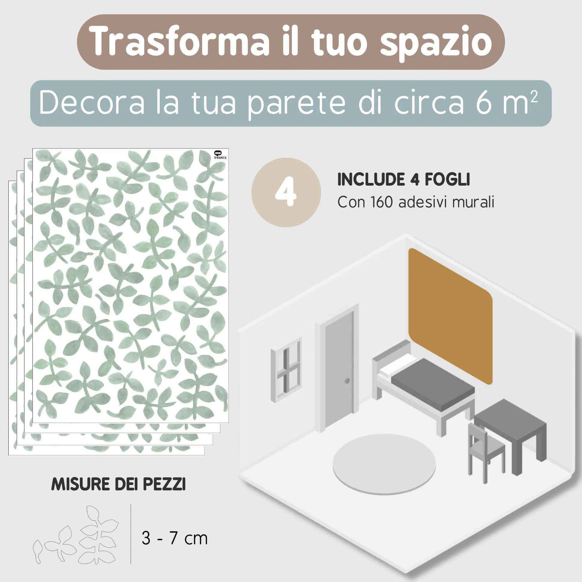 Adesivi Murali Bambini | Adesivi Cameretta Bambino Bimba Foglie Acquerello | Effetto Carta da Parati Adesiva | Copre 6 m² | 160 pezzi | TRESXICS (Verde)