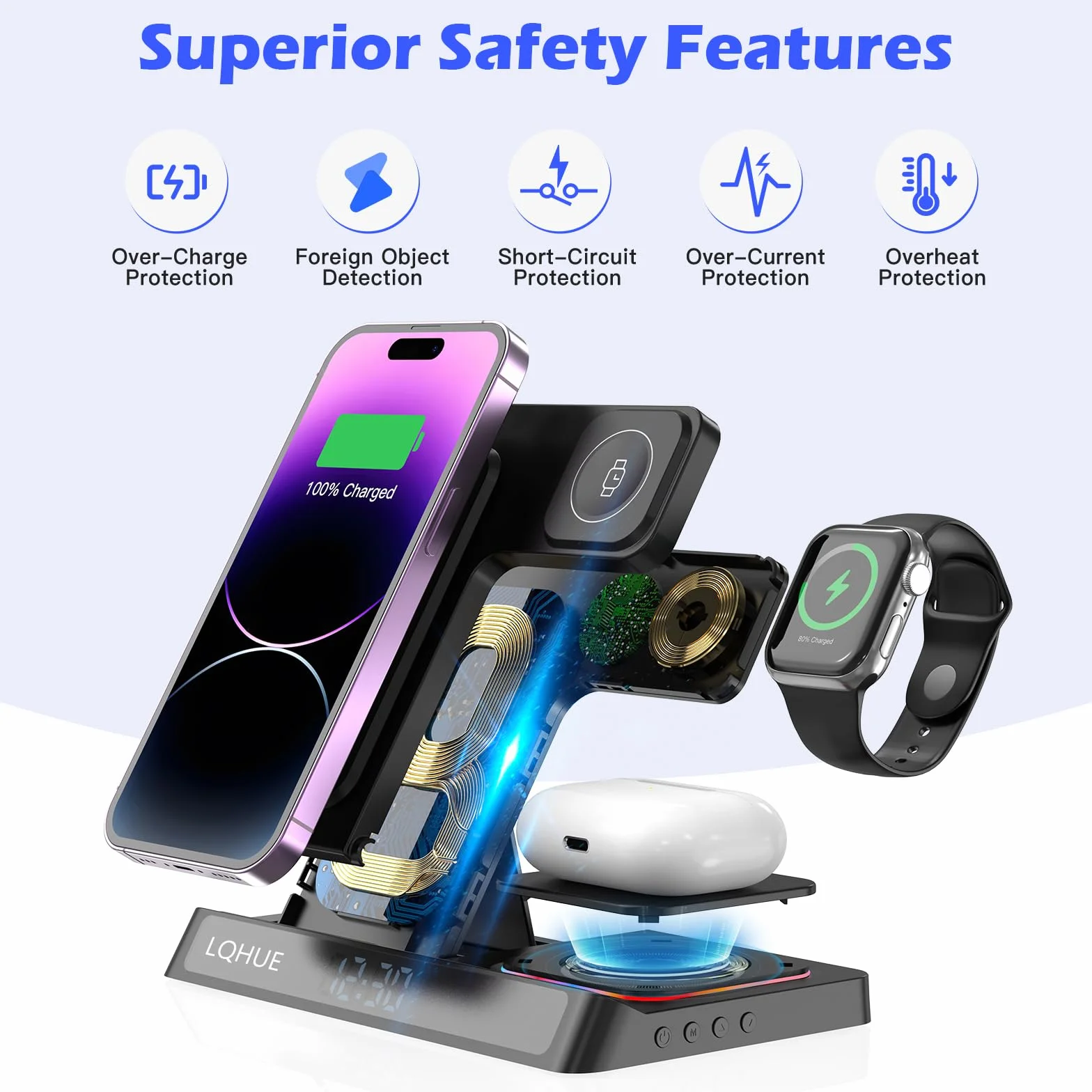 Caricatore wireless 4 in 1 Caricatore per iPhone 16 15 14 13 12 11 Pro SE X XS XR & Watch 9 8 7 6 SE 5 4 3 2,Ricarica Wireless Per i-Watch Ultra 9 8 7 6 SE 5 4 3 Wireless earphones 3/Pro 2