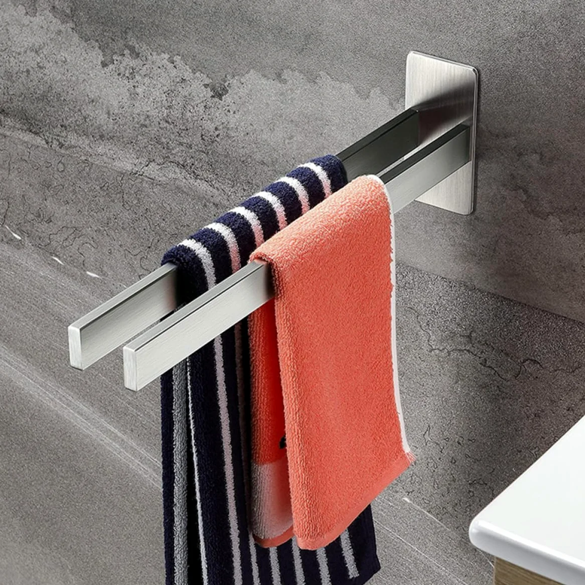 TIDTALEO Mensola Portasciugamani da Bagno in Acciaio Inox 304 senza Fori Portasciugamani Doppio Palo 39 CM Installazione Adesiva per Cucina e Bagno