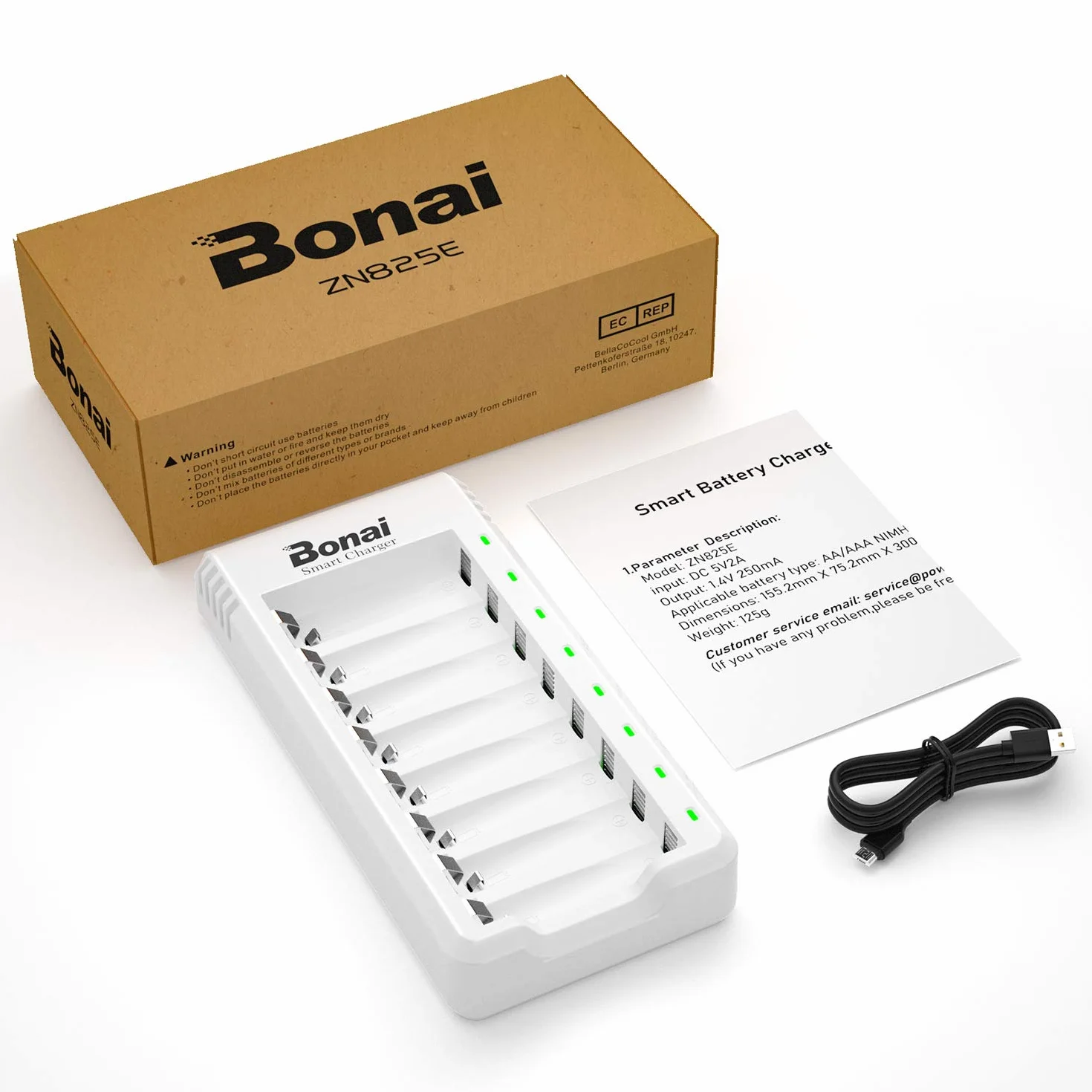 BONAI Caricabatterie Pile Ricaricabili AA AAA con Indicatori LED, Carica Batterie 8 Slot Indipendenti per Ni-MH, Caricatore Intelligente con Ingresso USB per Pile Stilo e Ministilo