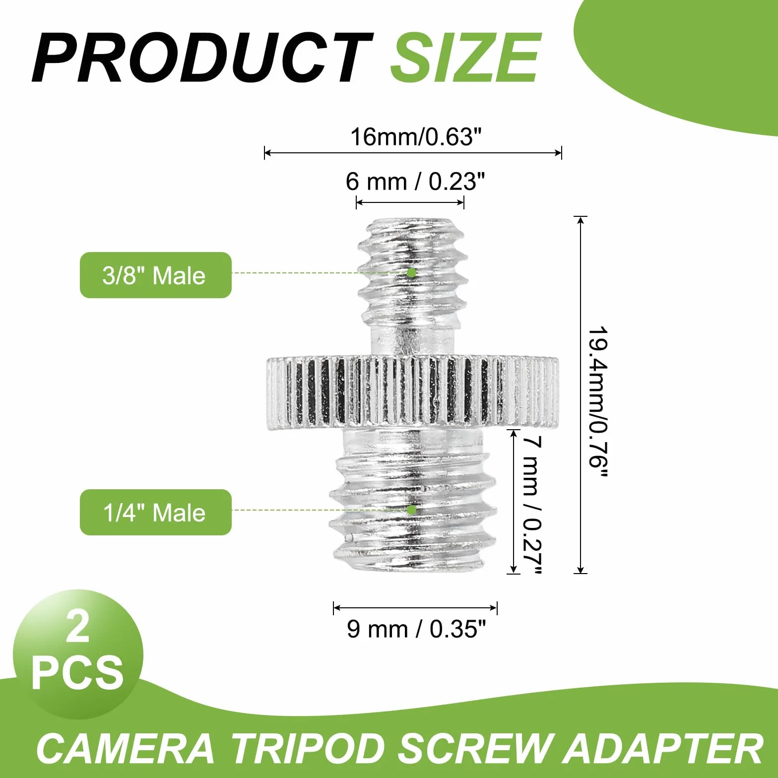PATIKIL Adattatore Filettato Da 3/8" Maschio A 1/4" Maschio Per Treppiede Fotocamera, 2 Pezzi Adattatore Convertitore Per Microfono Treppiede Monopiede Testa A Sfera Supporto Luce, Argento