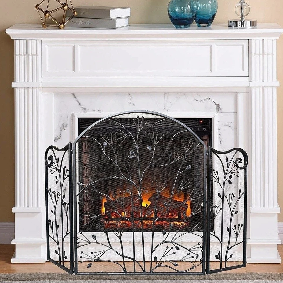 Parascintille a 3 Pannelli Parascintille Parascintille Parascintille ad Arco, Parascintille per Camino Design Pieghevole Nero con Cerniera, 127 cm × 83 cm，