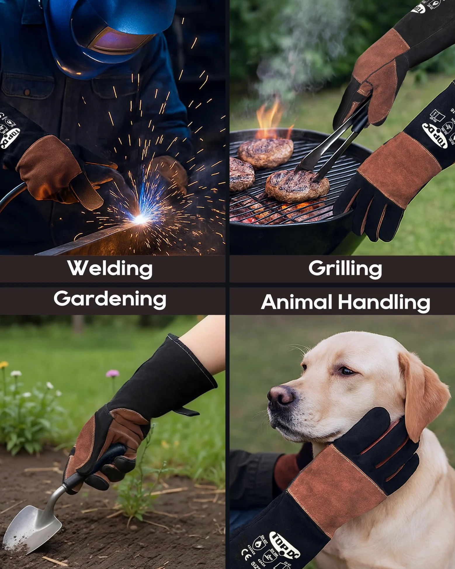 TOPDC Guanti ignifughi in pelle rinforzata con cuciture in kevlar per MIG, Tig, Stick, Forge, BBQ, Grill, forno, camino, fornace, manipolazione animali, XL