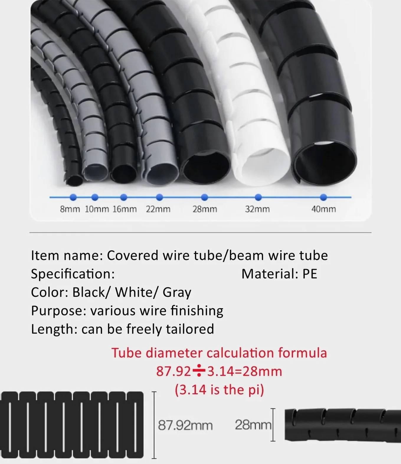 Canalina Passacavi 1/3/5/10 Metro 8/12/16/22/28/32/42mm Linea Flessibile A Spirale Organizzatore di Cavi di Stoccaggio Tubo di Protezione Del Cavo di Gestione Cavo PE Tubo(White,30 MM_10 METERS)