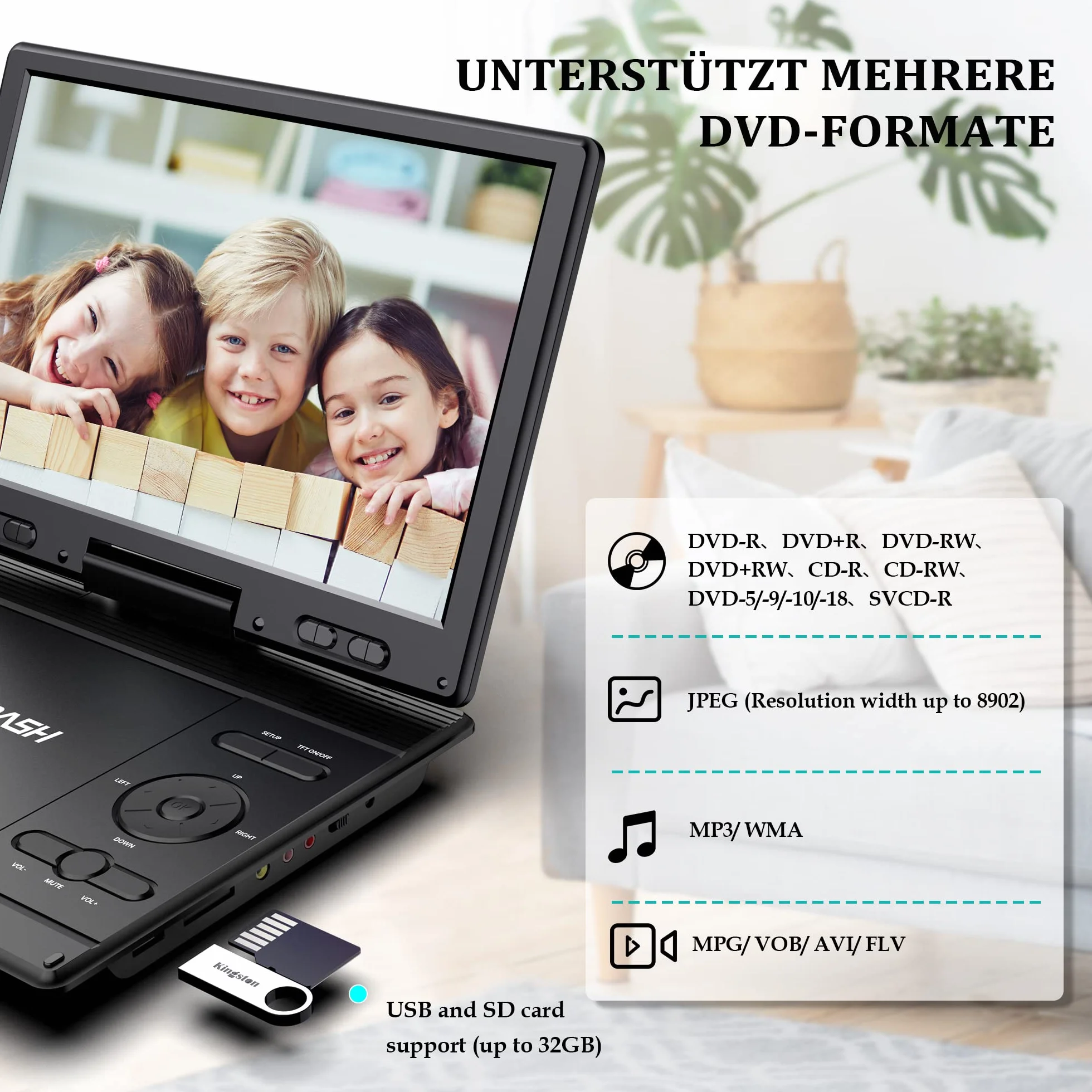 Lettore DVD Portatile da 14,9" per Auto con Schermo HD Orientabile da 12,5" - Supporto Poggiatesta, CD Player con Proiettore TV Sync, Porta USB/SD per Bambini