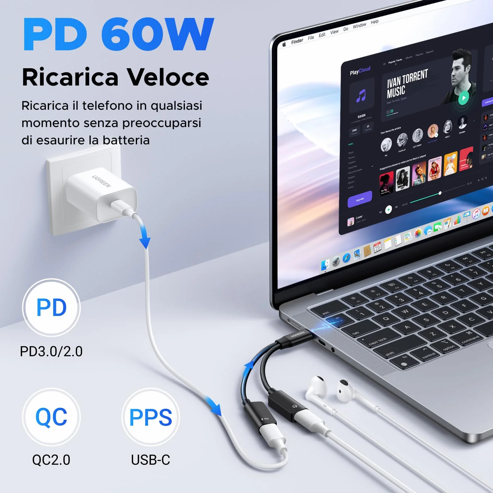 UGREEN Adattatore USB C a USB C 2 In 1 PD 60W Carica Rapida Magnetico 96Khz 24Bit Compatibile con iPhone 17 Pro Max Air iPad Galaxy S25 24 MacBook Air Pro PS5 4 Xbox