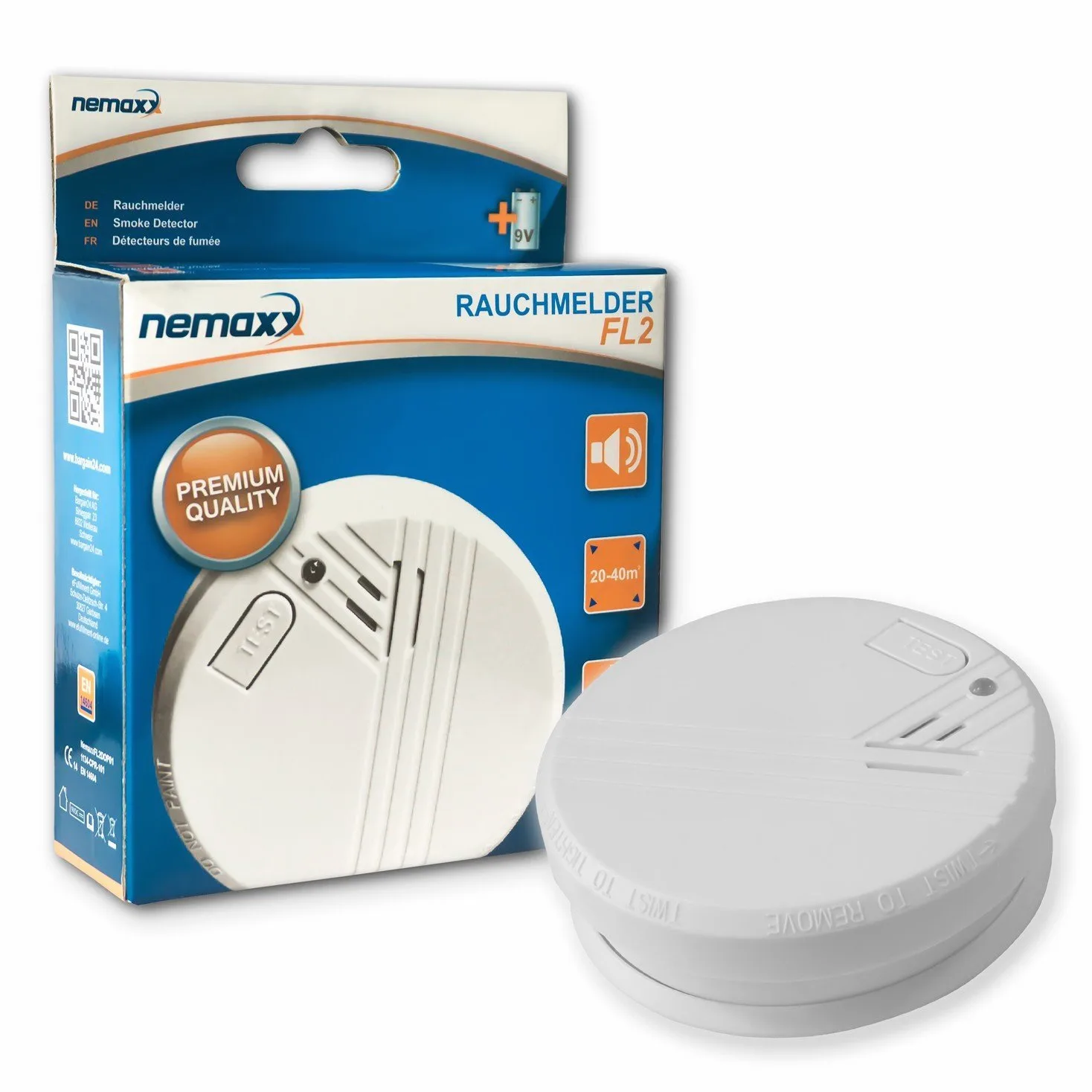 Nemaxx FL2 - rilevatore di fumo a norma DIN EN 14604 e NX1 di Supporto magnetico per rilevazione di incendi, fuoco e fumo, 7FL2NX1