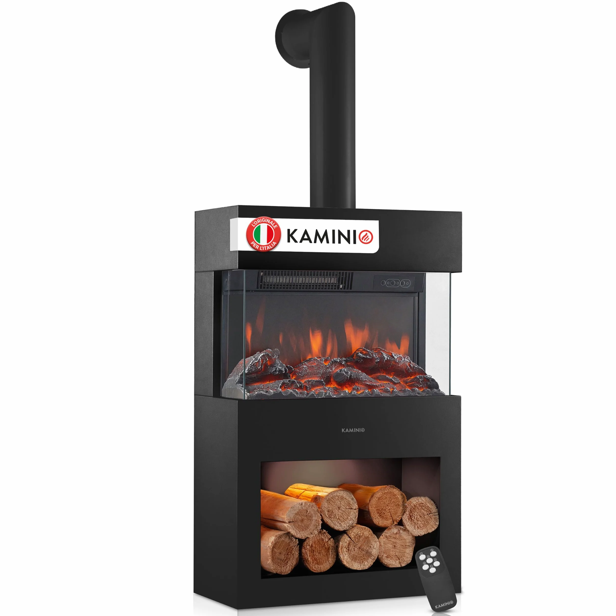 KAMINIO® Henri Camino elettrico da appoggio con tubo per stufa [Nero] | Caminetto elettrico a forma di stufa, termocamino con effetto fuoco LED, vano illuminato, timer, termostato e telecomando