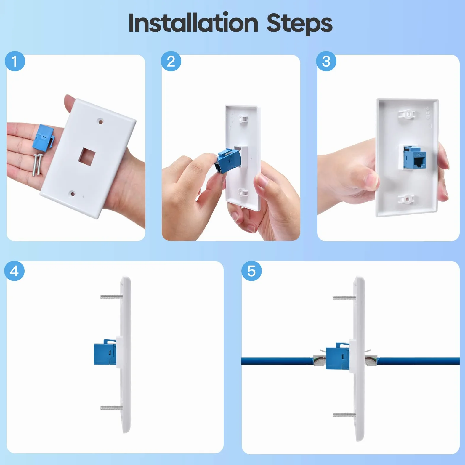 Confezione da 10 prese Ethernet a muro, 1 porta Cat6 RJ45 Keystone Jack con staffa di montaggio a bassa tensione a banda singola, piastra a parete Ethernet, accoppiatore blu femmina a femmina